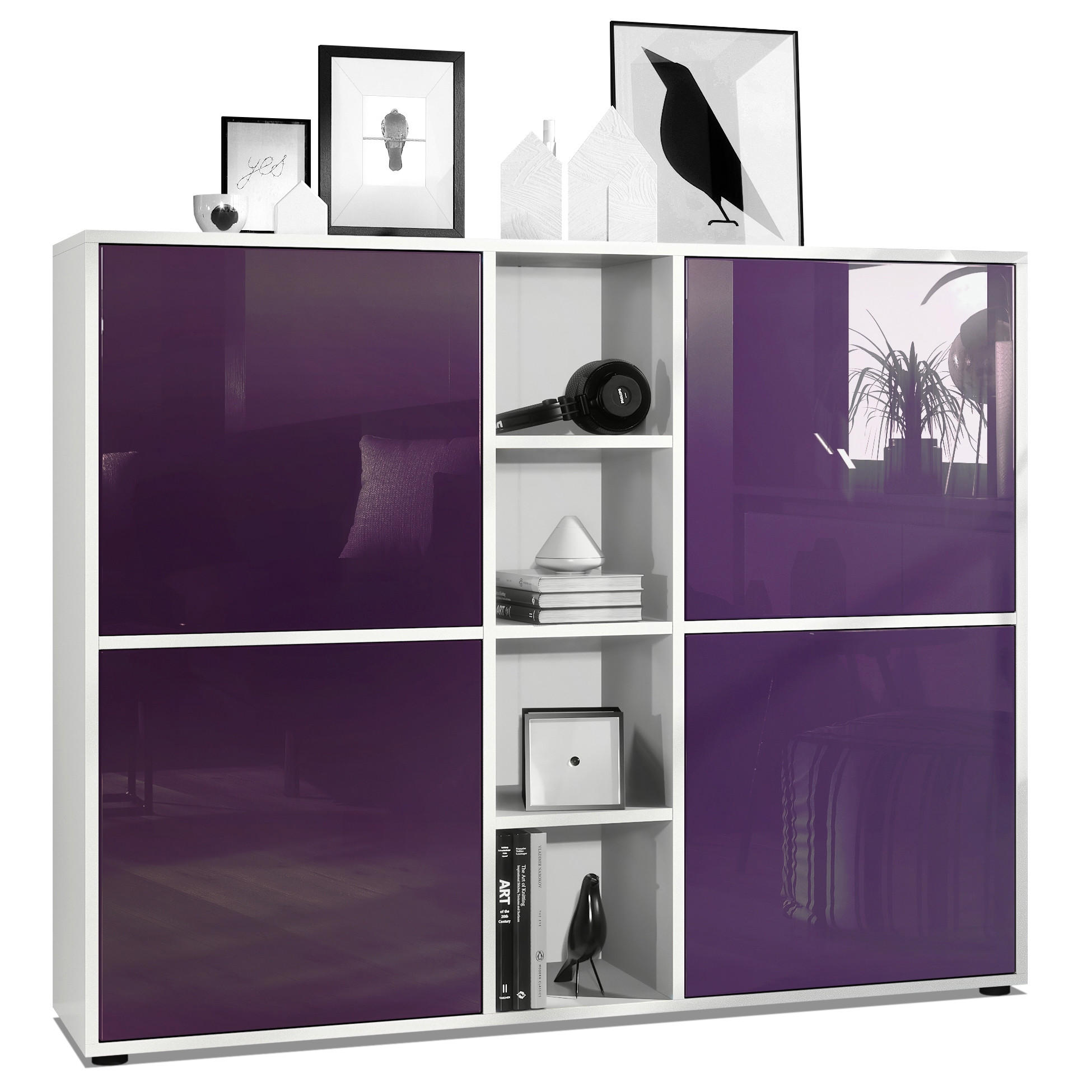HIGHBOARD Cuba Türen in Brombeer Hochglanz - Brombeere, Holzwerkstoff (130.5/105.5/35.5cm) - Vladon
