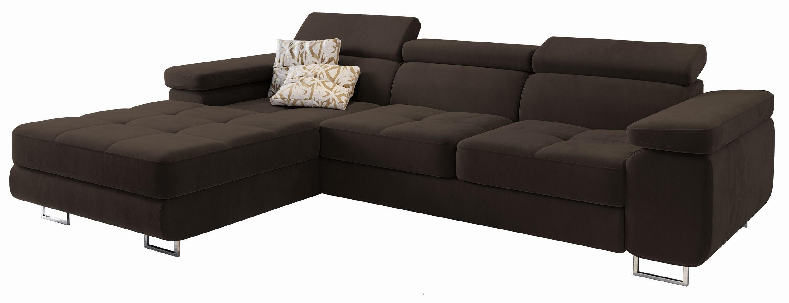ECKSOFA ELMA L-S Braun Velours-Stoff mit Schlaffunktion - Braun, Holz (280/205cm) - MASSENO