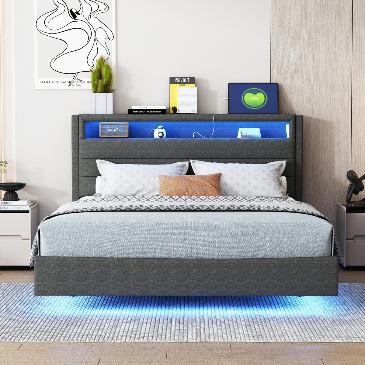 ČALOUNĚNÁ postel 140/200 cm šedá, s USB a LED osvětlením, s úložným čelem - šedá, textil (140/200cm) - BEAOK