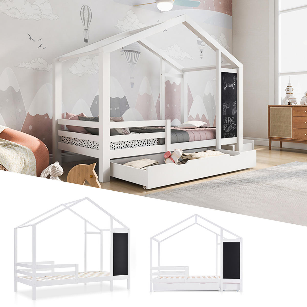 HAUSBETT Weiß - Weiß, Holz (208/177/96cm) - Urban Meuble