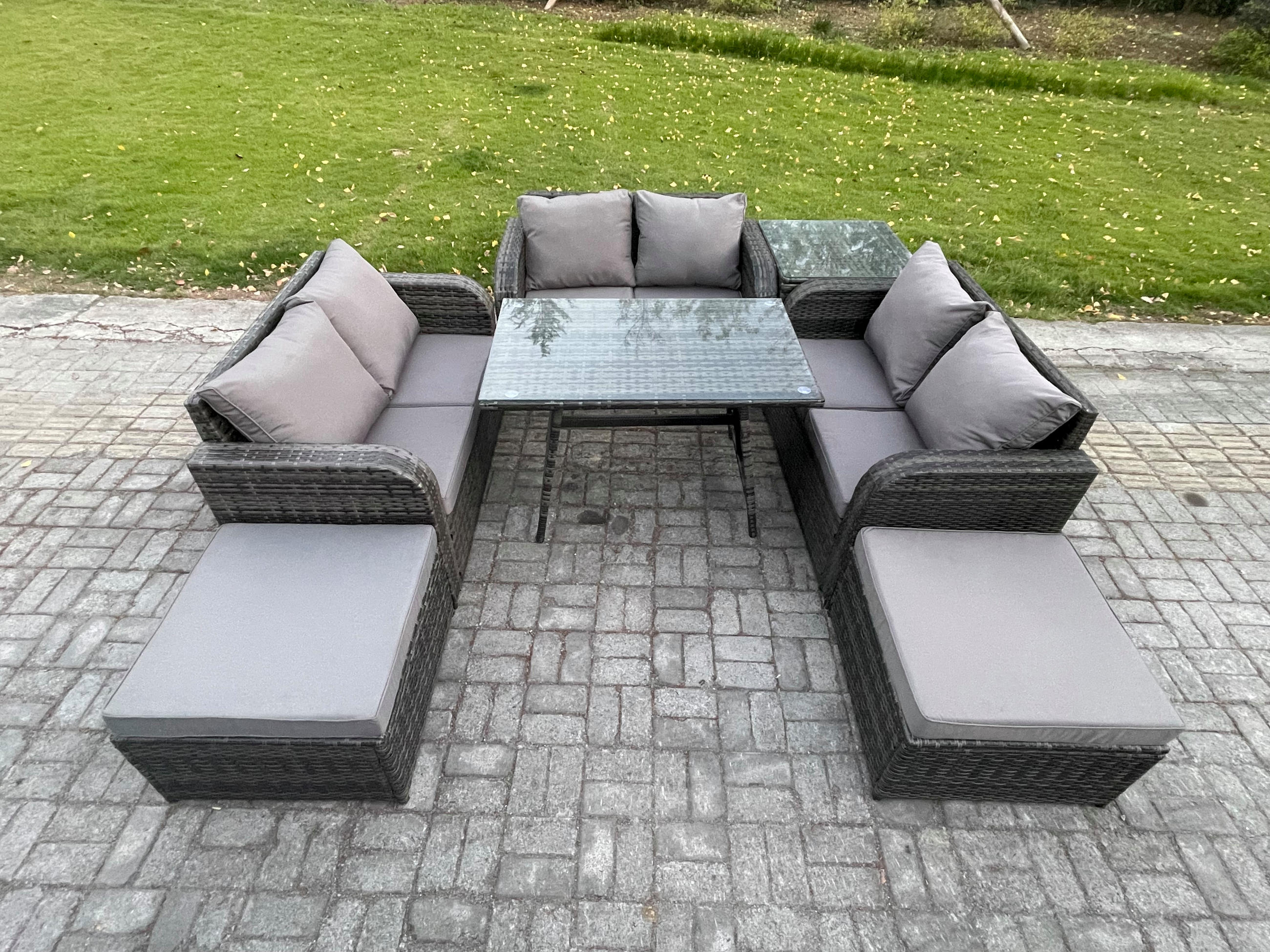GARTENMÖBELSET mit ESSTISCH,SOFA Polyrattan 8-Sitzer - Dunkelgrau/Grau, Glas/Kunststoff - Fimous
