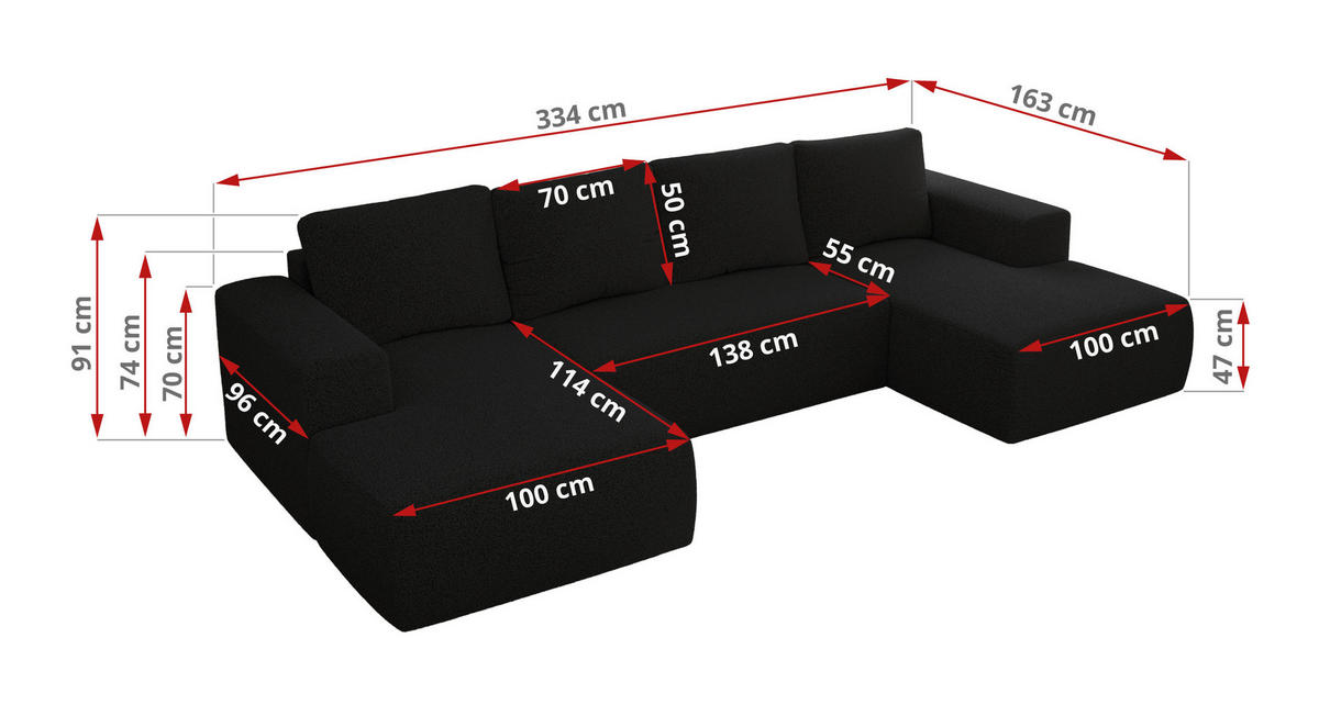 WOHNLANDSCHAFT TRENTINO U Schwarz Boucle - Schwarz, Textil (334/91/163cm) - MKS