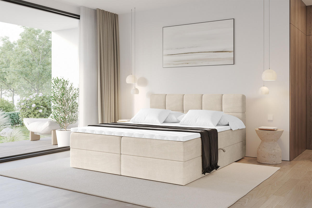 BOXBETT mit Matratze H4 - FAMA - 200x200 cm Beige Poso - Ecru, Holzwerkstoff (200/200cm) - ALTDECOR