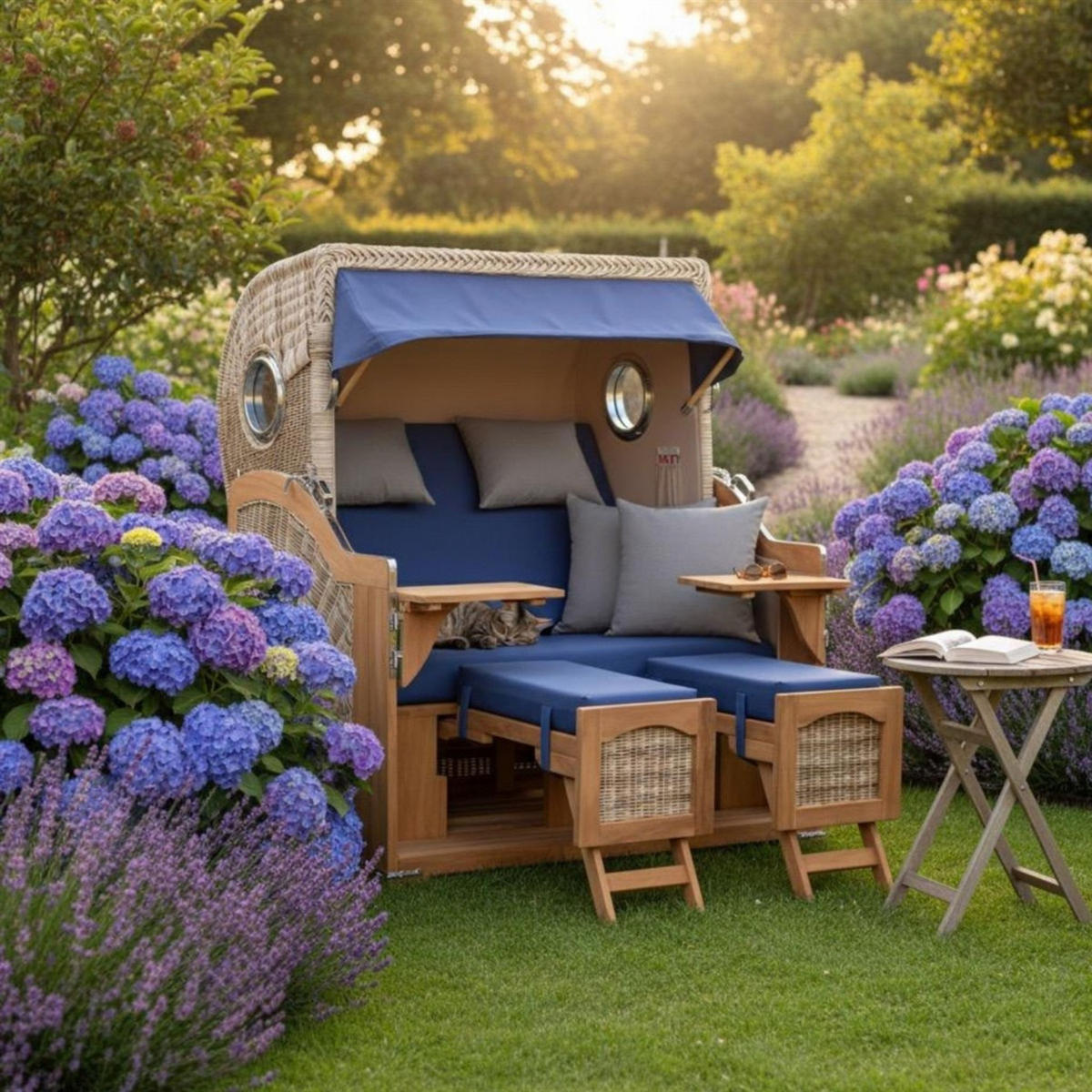 STRANDKORB XXL Düne Grande Teak PE Shell - Blau/Braun, Metall (142/170/95cm) - Mr. Deko