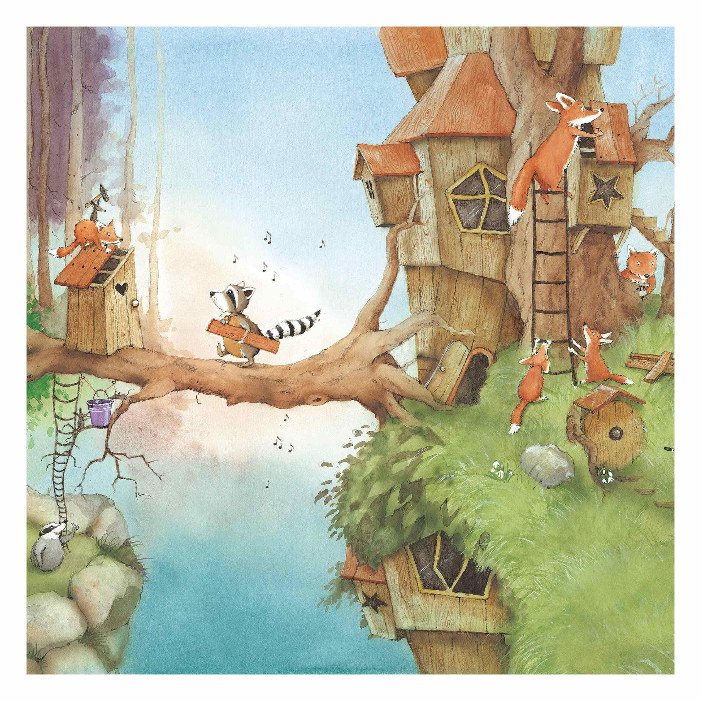 FOTOTAPETE Wassili Waschbär - Wassili und Familie Fuchs 288/288 cm - Braun, Papier (288/288cm) - Bilderwelten