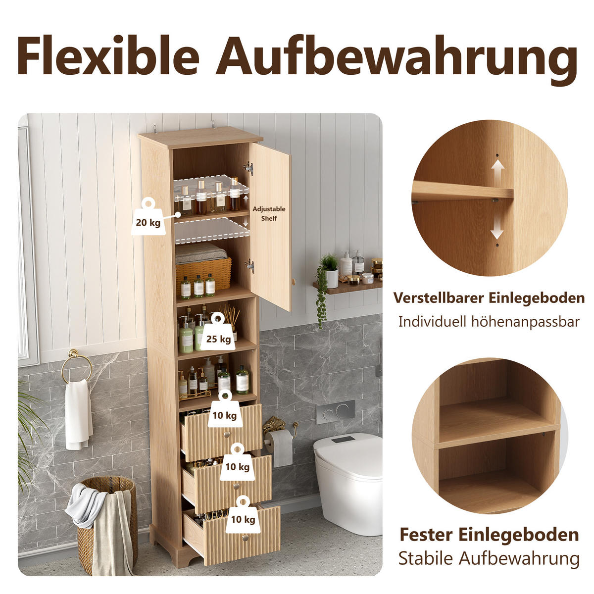 HOCHSCHRANK 40/30/172 cm Natürlich mit 2 Schubladen und 3 Schublade - Goldfarben/Naturfarben, Holz/Holzwerkstoff (30/172/40cm) - Oxeza