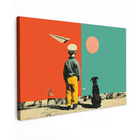 LEINWANDBILD Retro - Junge - Hund - Rot - Grün Groß 140x90 cm - Orange, Textil (140/90cm) - MuchoWow