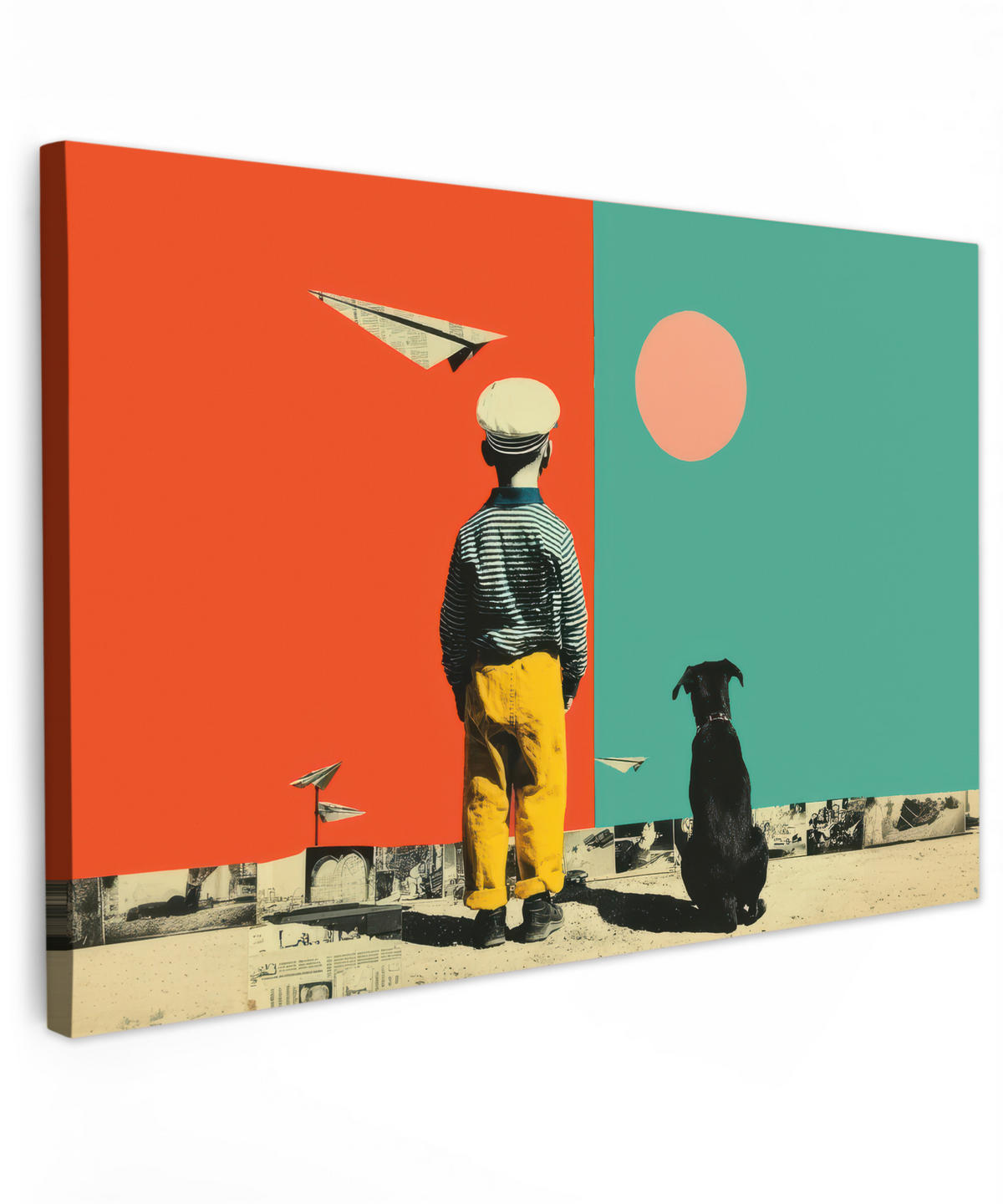 LEINWANDBILD Retro - Junge - Hund - Rot - Grün Groß 140x90 cm - Orange, Textil (140/90cm) - MuchoWow