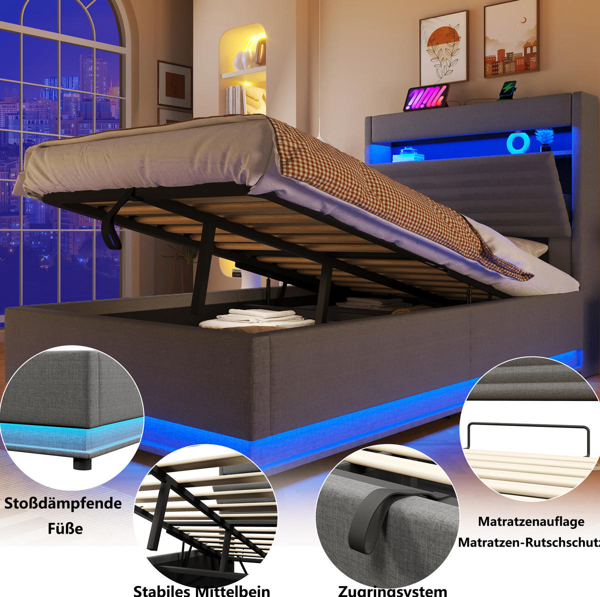 POLSTERBETT 90/200 cm Grau mit LED-Beleuchtung, USB- und Typ-C-Anschluss, hydraulischem Stauraum und Ablage - Grau, Textil (90/200cm) - OKMYHOME