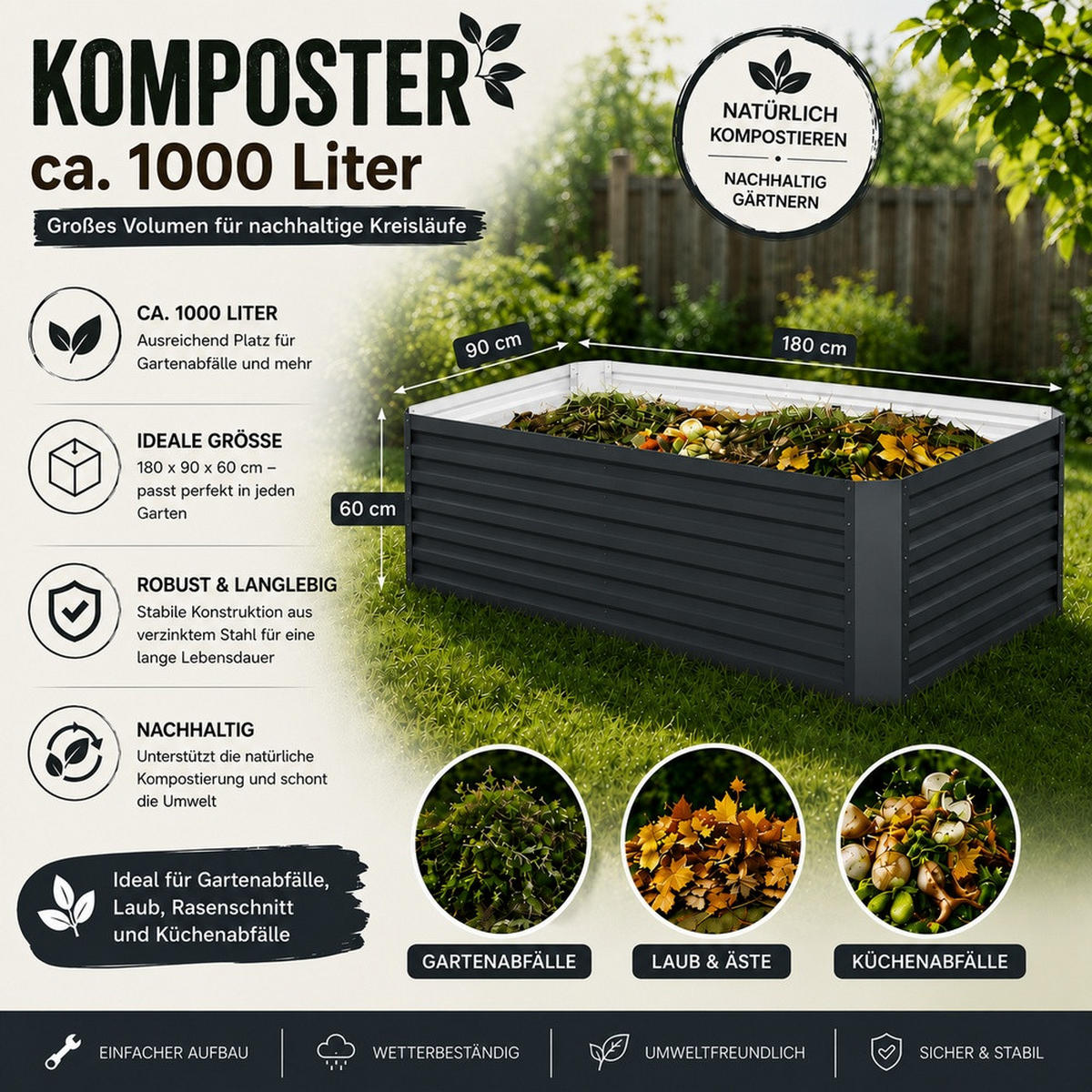 KOMPOSTER Garten, Anthrazit, 180 x 90 cm - Anthrazit, Metall (180/60/90cm) - Vicco