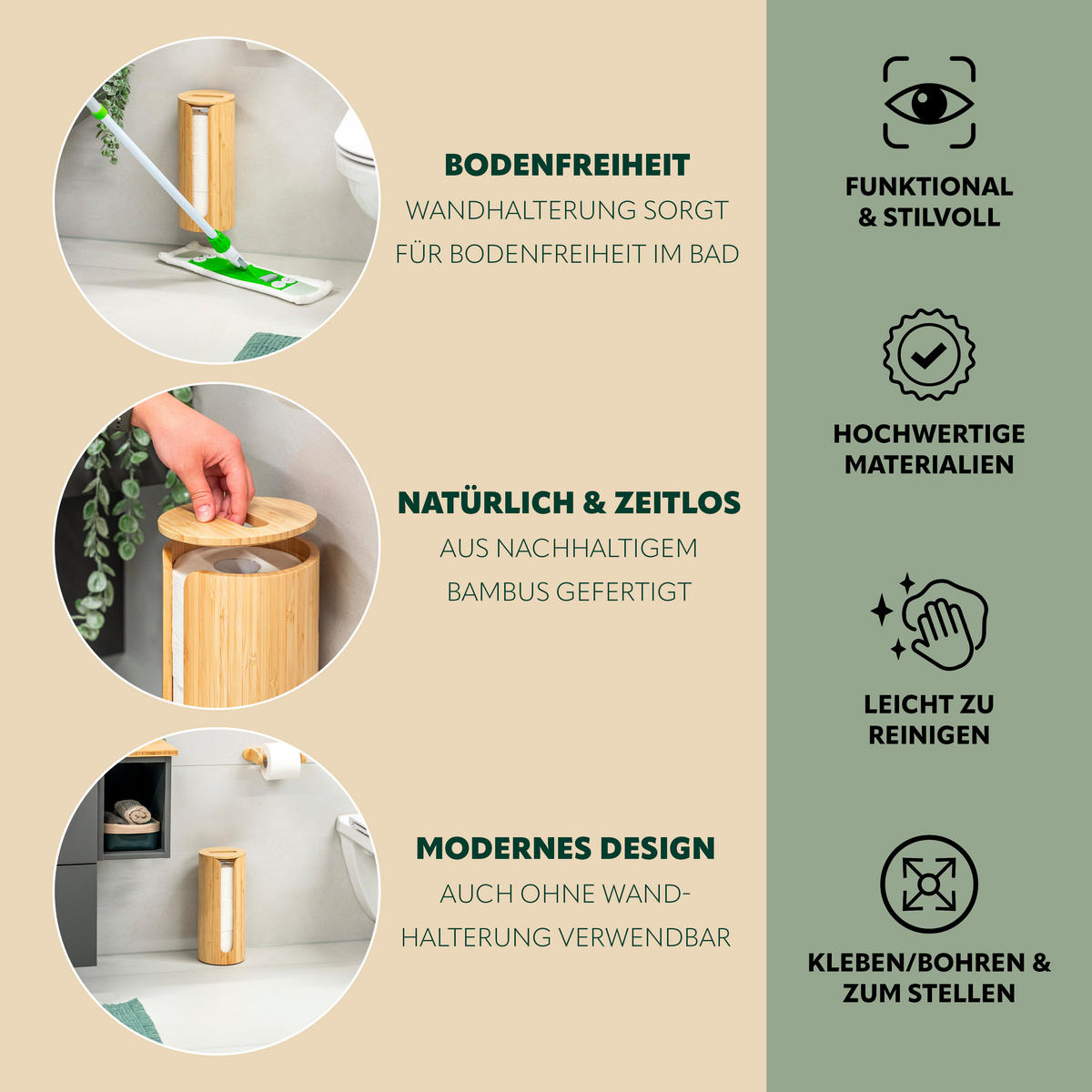 TOILETTENPAPIERAUFBEWAHRUNG, für 3 Rollen, Bambus - Braun, Holz (14.5/34/14.5cm) - eluno