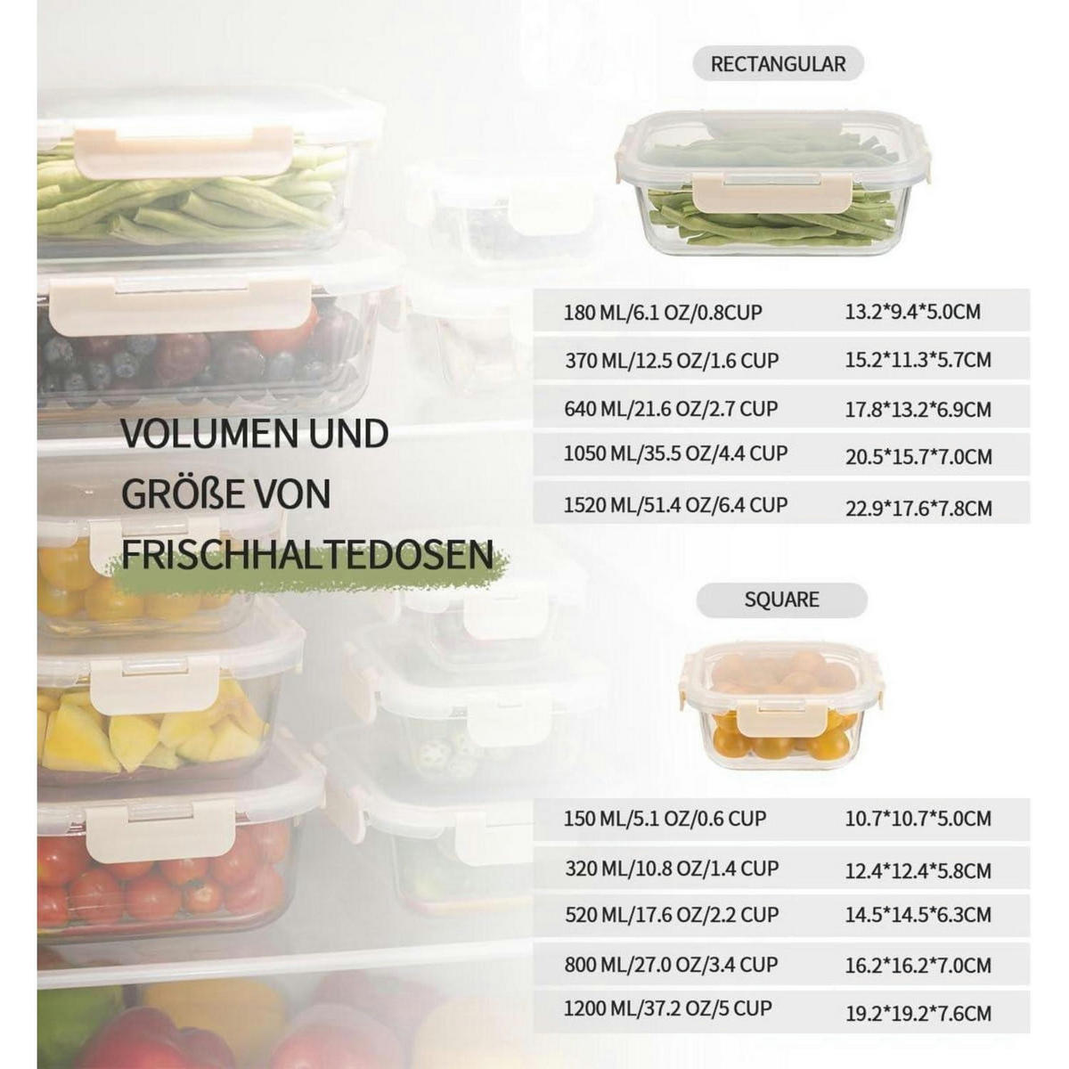 VORRATSBEHÄLTERSET Glas 10-teilig Cremeweiß - Multicolor, Glas (20.8/16.5/44cm)