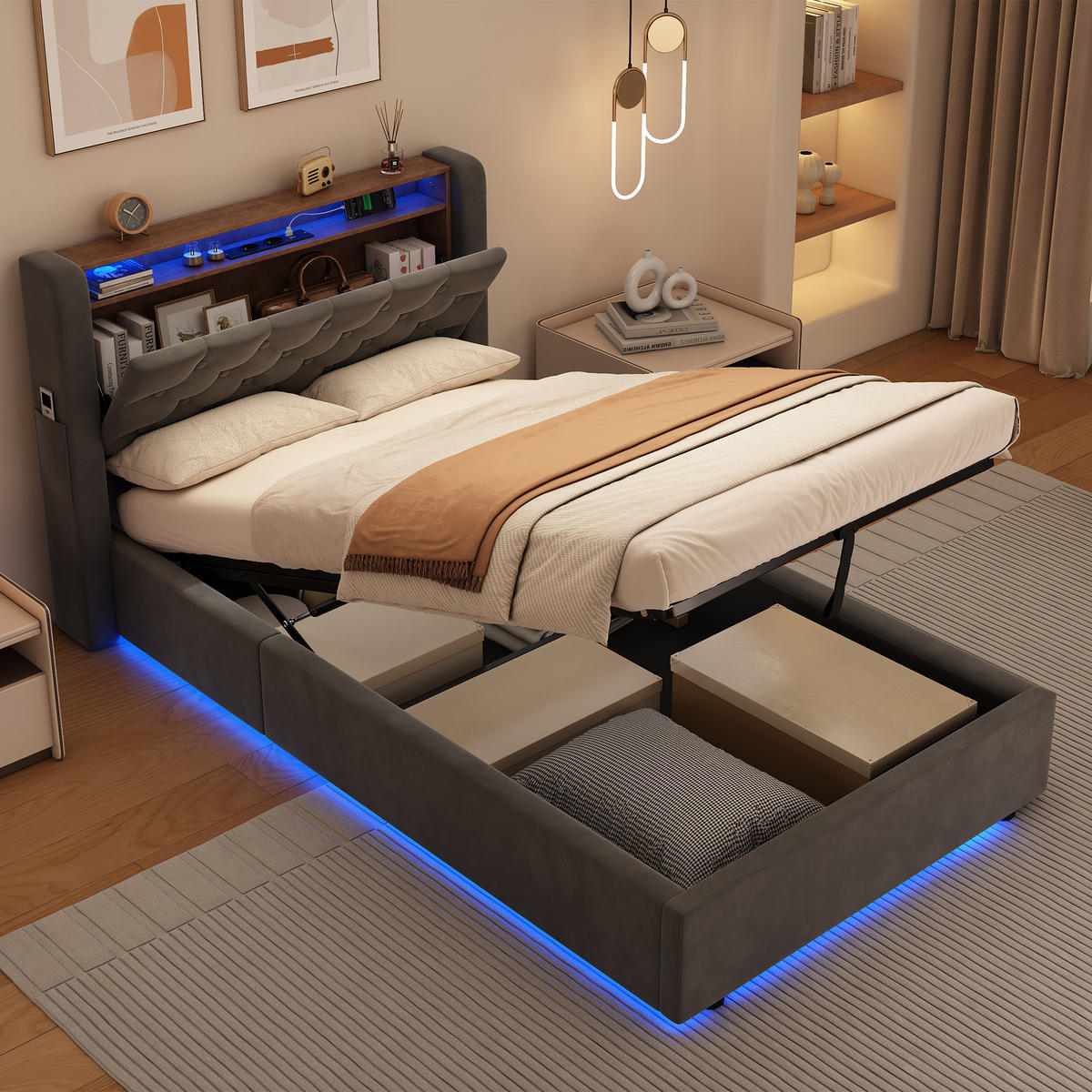 POLSTERBETT aus Samt 90x200 cm Grau mit LED-Beleuchtung & USB-Anschlüsse mit hydraulischem Stauraum - Grau, Textil (90/200cm) - Modfu