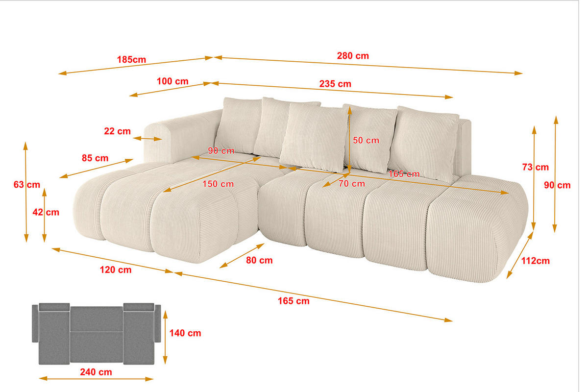 ECKSOFA Ottomane Links CLOUD-L-v1 280x185x90 Beige Cord - Beige, Holzwerkstoff/Kunststoff (180/289cm) - ALTDECOR