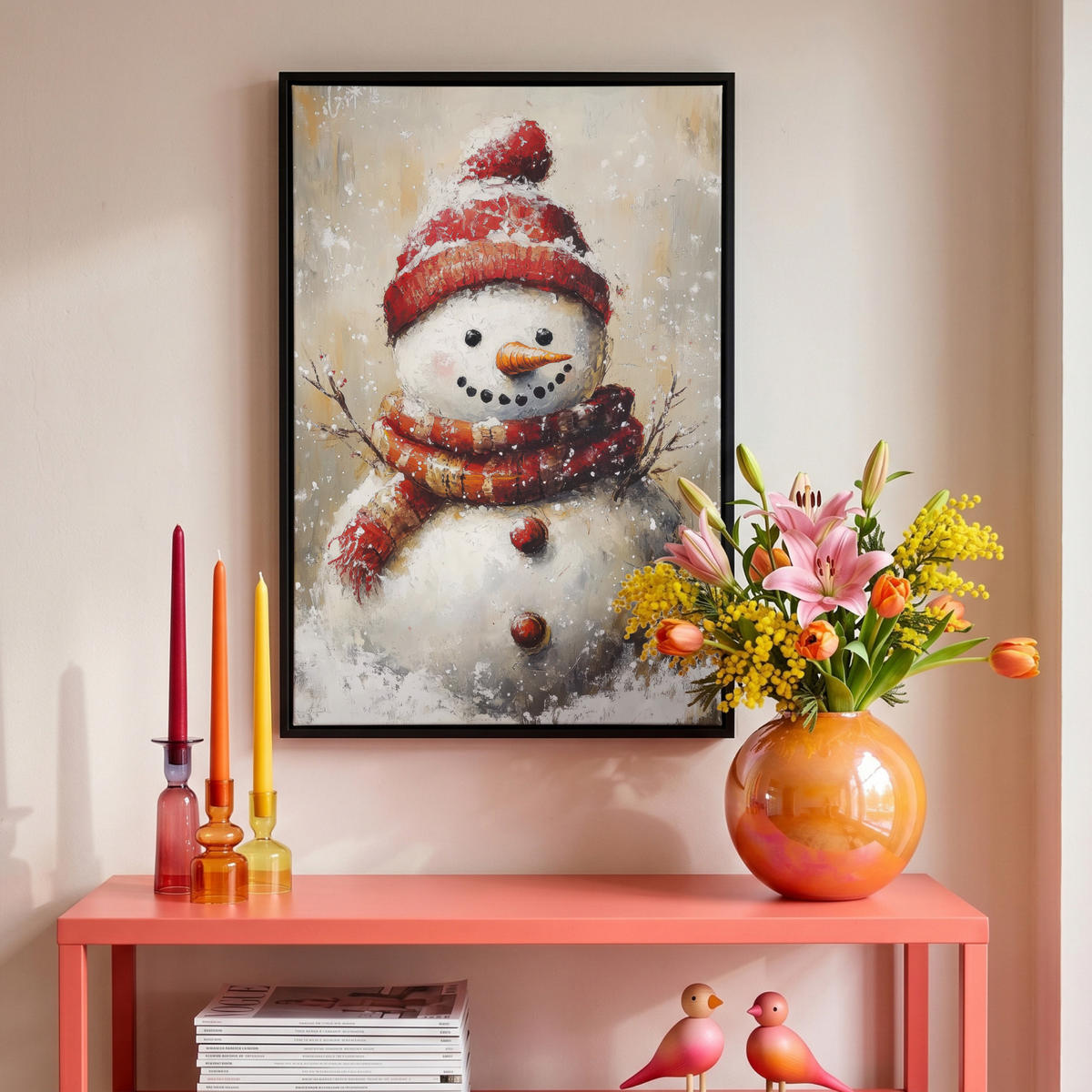 LEINWAND Bilder mit Rahmen - Schneemann - Winter - Schnee - Beige - 40x60 - Weiß, Textil (40/60cm) - MuchoWow