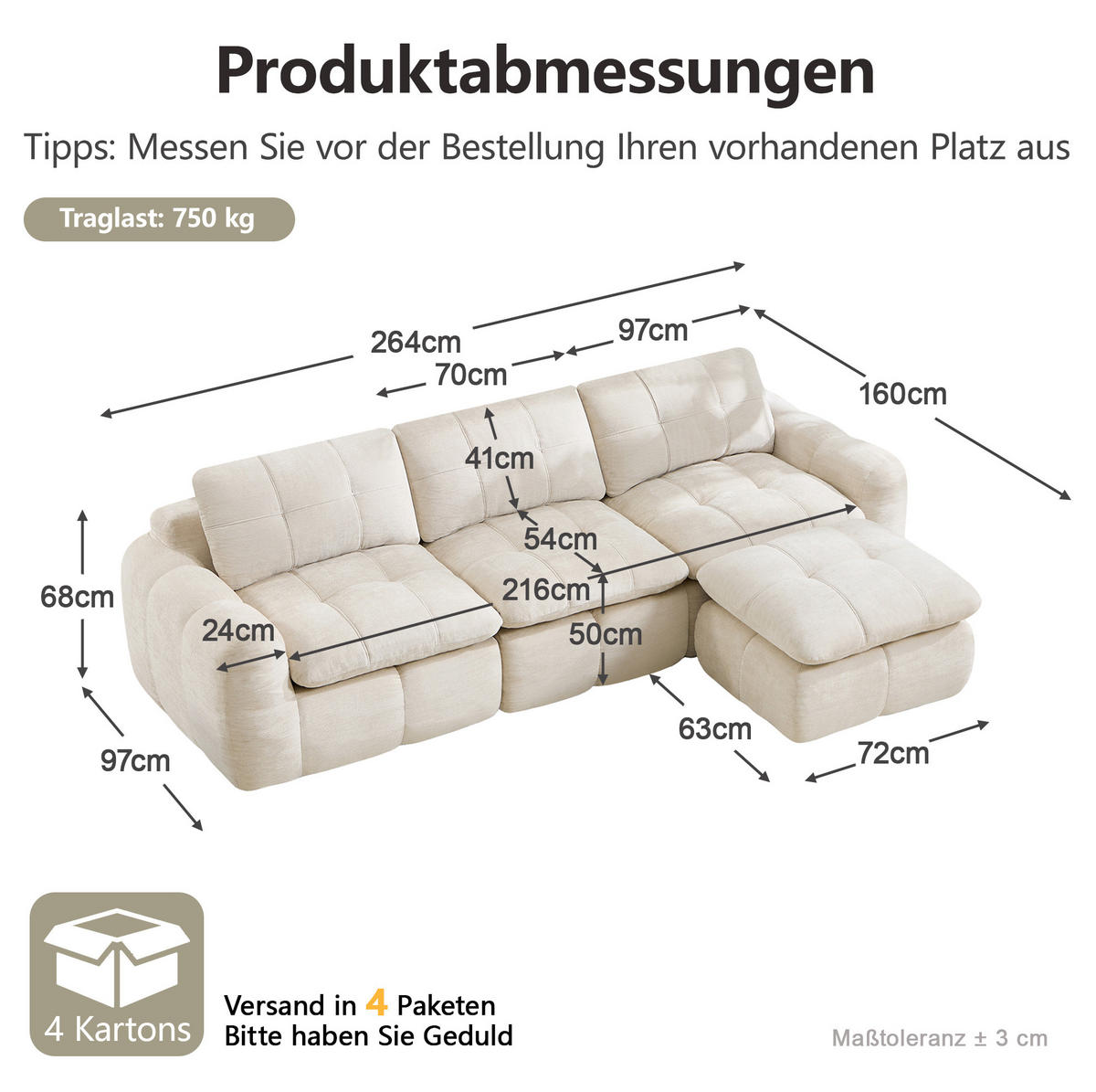 SOFA 264/160/68 cm in Beige aus Chenille mit Ottoman und flexiblem Design - Beige, Textil (160/68/264cm) - Flora Grace