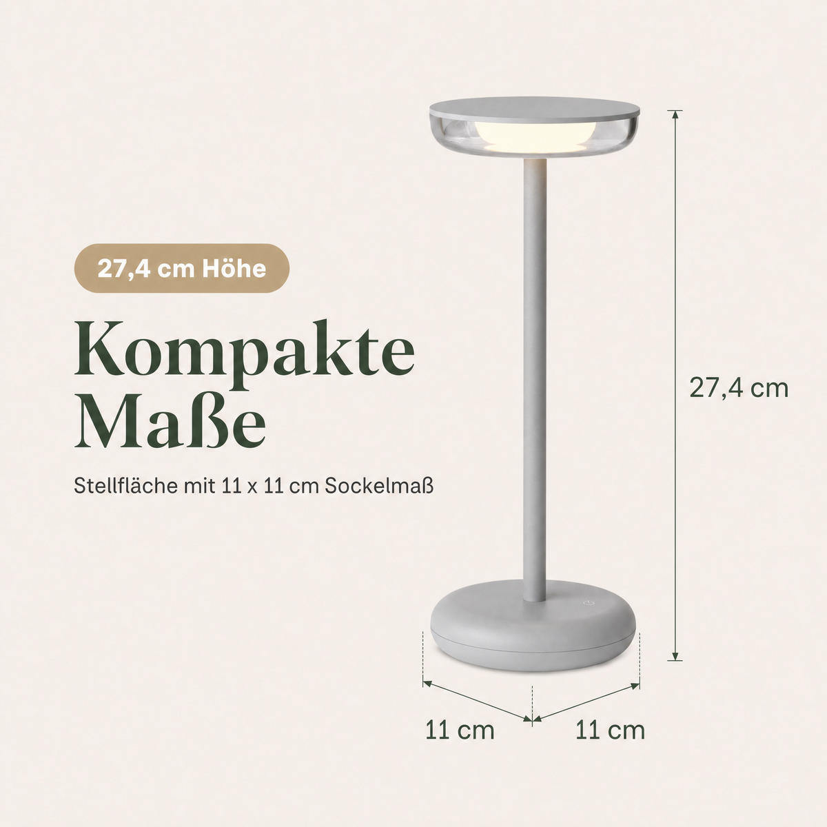 LED-TISCHLAMPE Grau Dimmbar Akku 1800mAh 180lm warmweiß Touch USB-C Nachttischleuchte Höhe 27,4 cm - Grau, Kunststoff (11/11/27.4cm) - Northpoint
