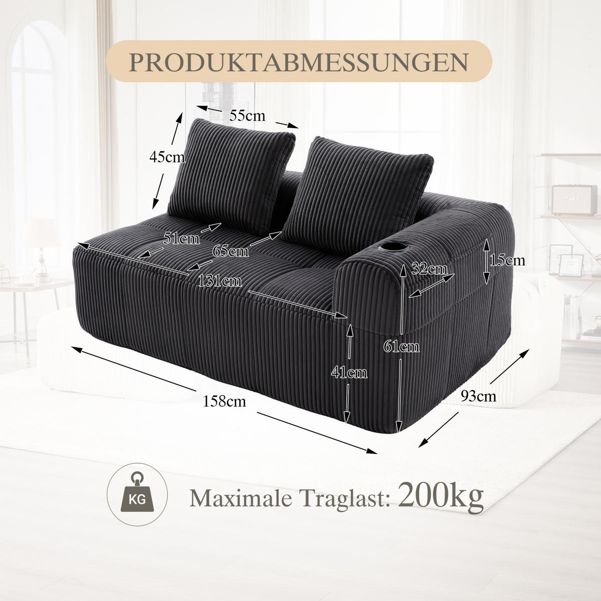 2-SITZER Sofa Cordstoff mit Seitenfächern und Becherhaltern 158/93/61 cm Dunkelgrau - Dunkelgrau, Textil (93/61/158cm) - Redom