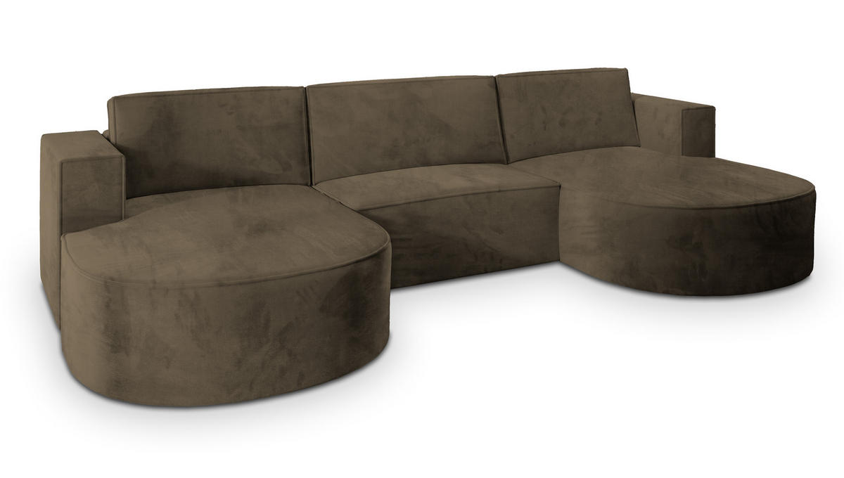 WOHNLANDSCHAFT VEZZO M Beige Velours-Stoff mit Schlaffunktion - Beige, Holz (347/85/174cm) - MASSENO