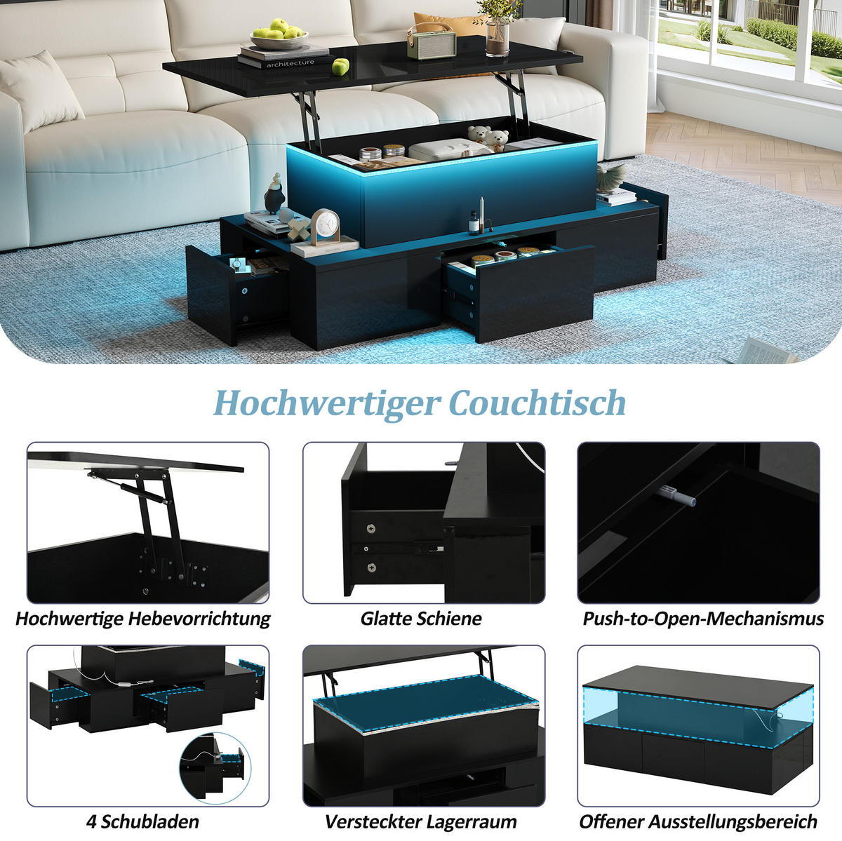 COUCHTISCH 100/50/40 cm mit Liftfunktion, LED-Beleuchtung, 4 Schubladen und Stauraum, Schwarz/Antik Eiche - Eichefarben, Holzwerkstoff (100/50/40cm) - Redom