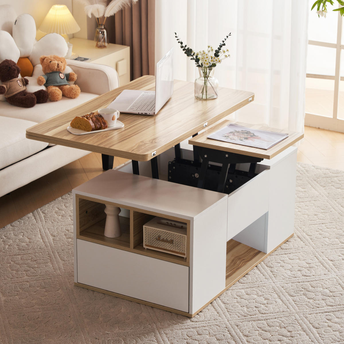 COUCHTISCH 100/51 cm höhenverstellbar mit Stauraum und 2 Schubladen - Weiß, Holzwerkstoff (100/51/47cm) - BEAOK
