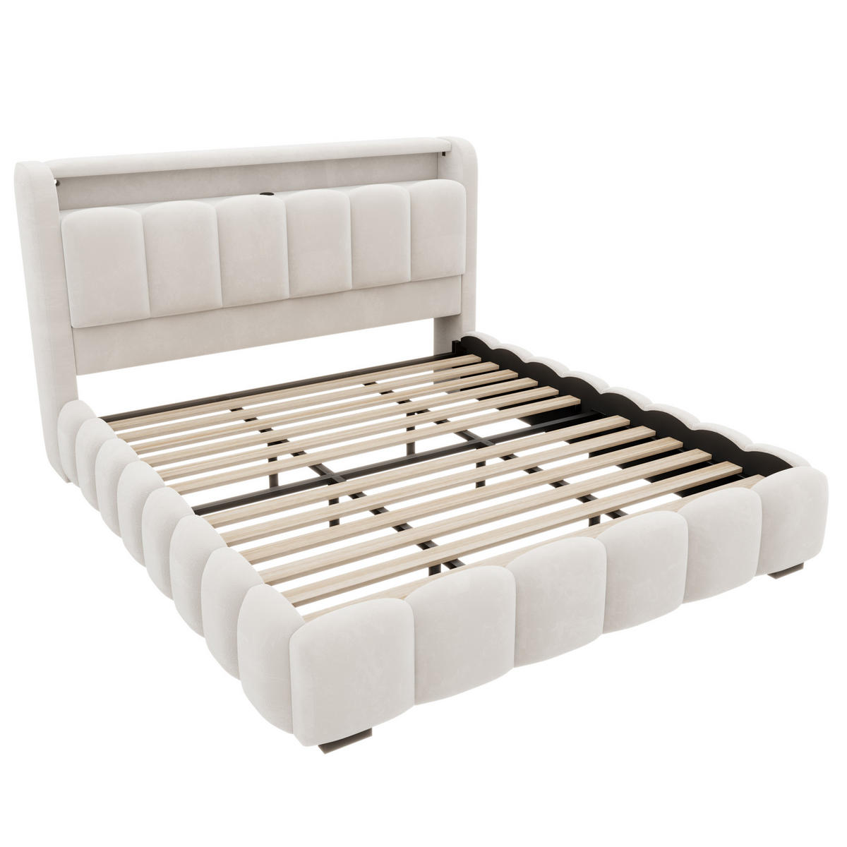 POLSTERBETT 180/200 mit LED/USB, Kopfteil Stauraum, Samt, Beige - Beige, Holz (180/200cm) - LVHOM