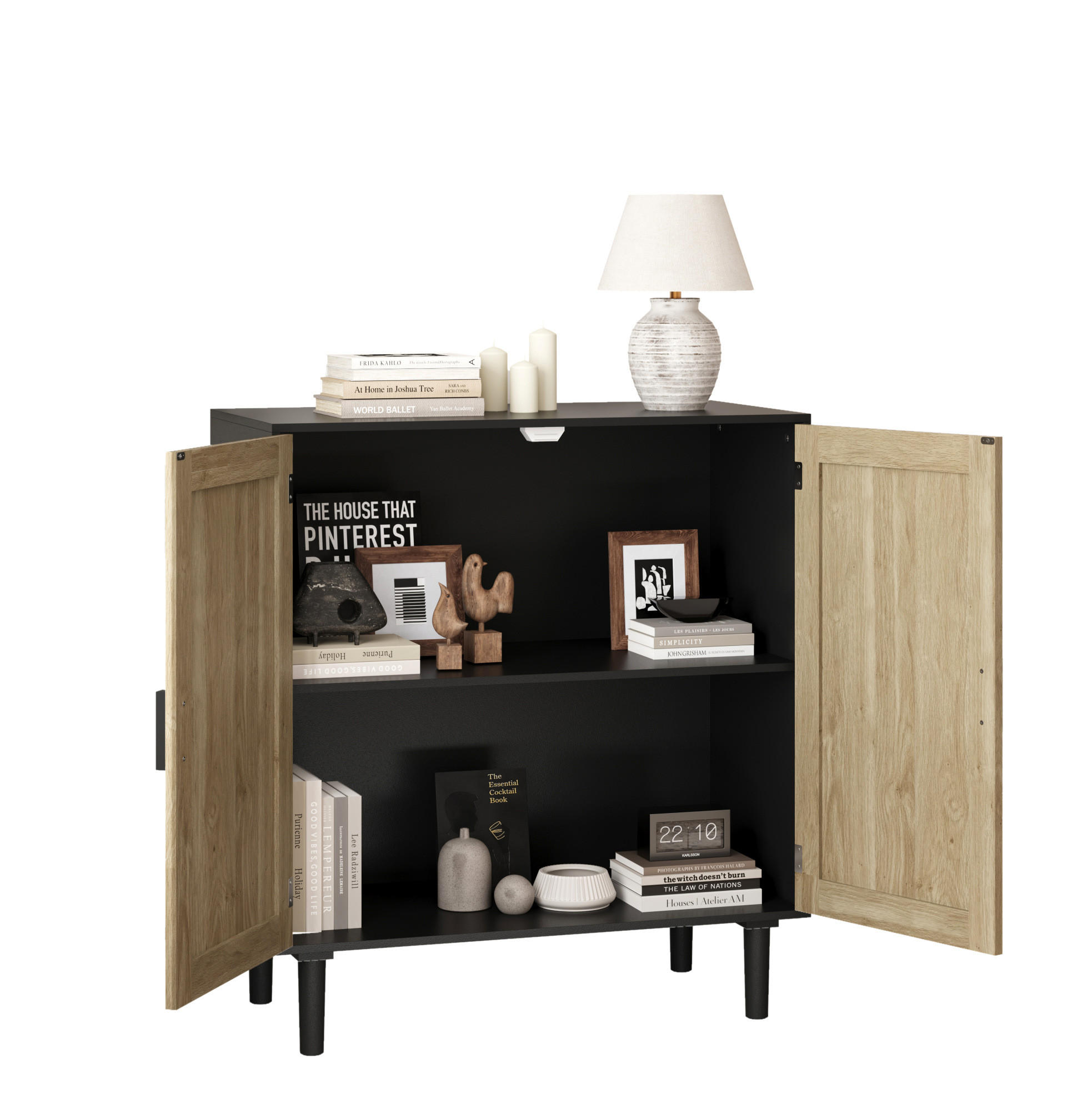 SIDEBOARD 80/40/88 cm schwarz aus MDF mit Rattanfront und offenen Fächern - Schwarz, Holzwerkstoff (80/88/40cm) - OKWISH