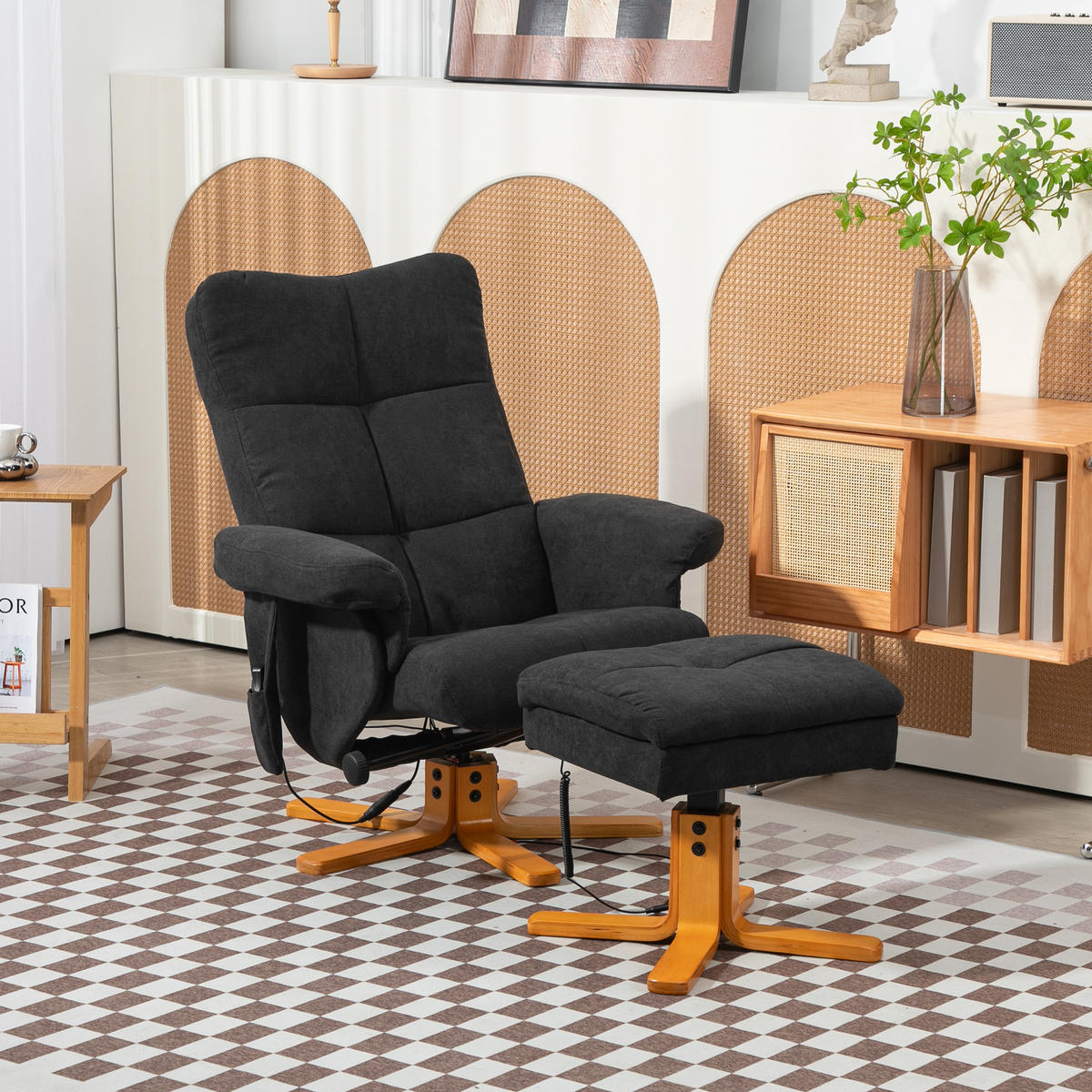 RELAXSESSEL mit Fußhocker, Stauraum, Massagesessel mit Liegefunktion Schwarz - Schwarz, Holz/Textil (86/99/80cm) - HOMCOM