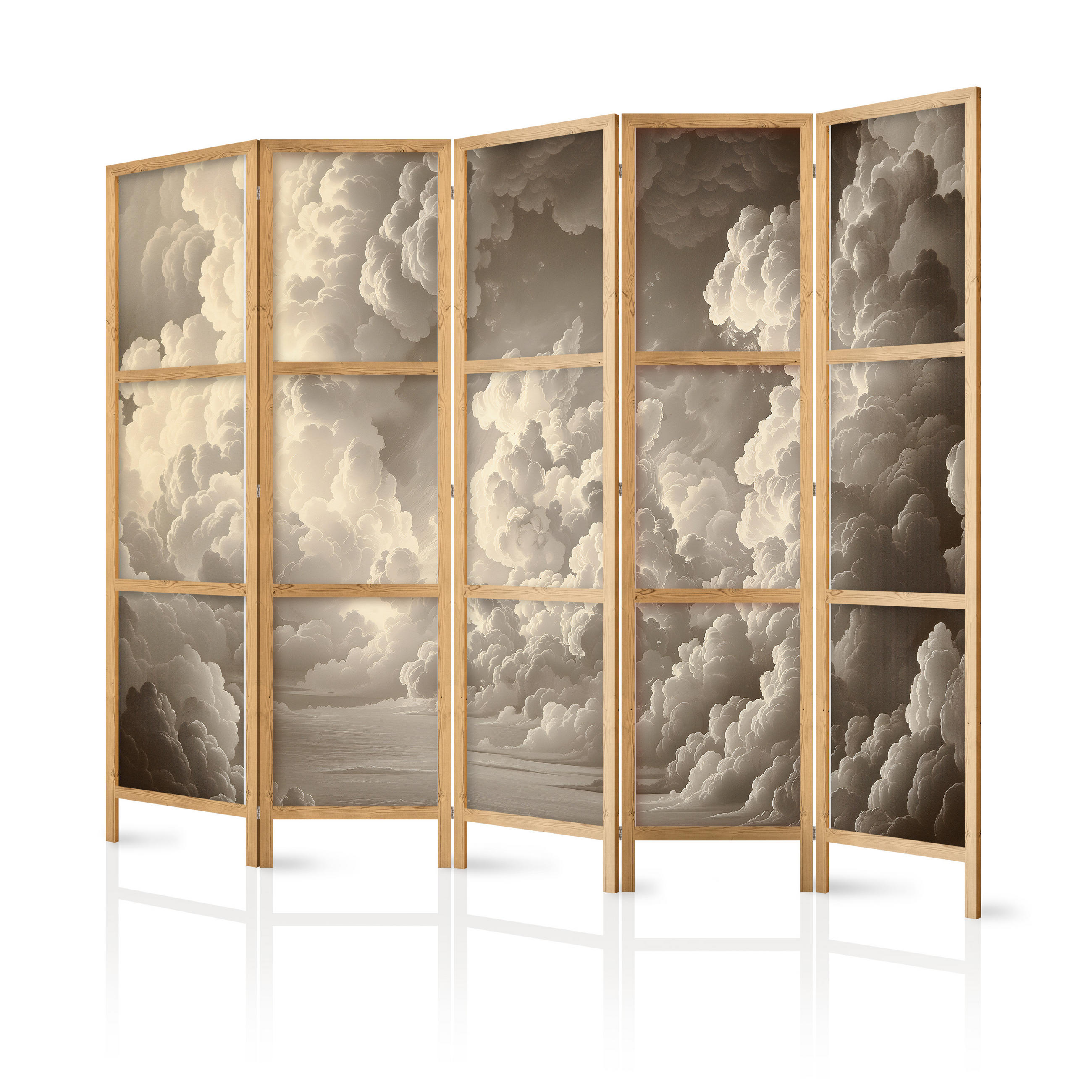 PARAVENT Japanischer 5-tlg 225x172 cm Wolken 3D Effekt - Beige, Holz/Textil (225/172/3cm) - Muralo
