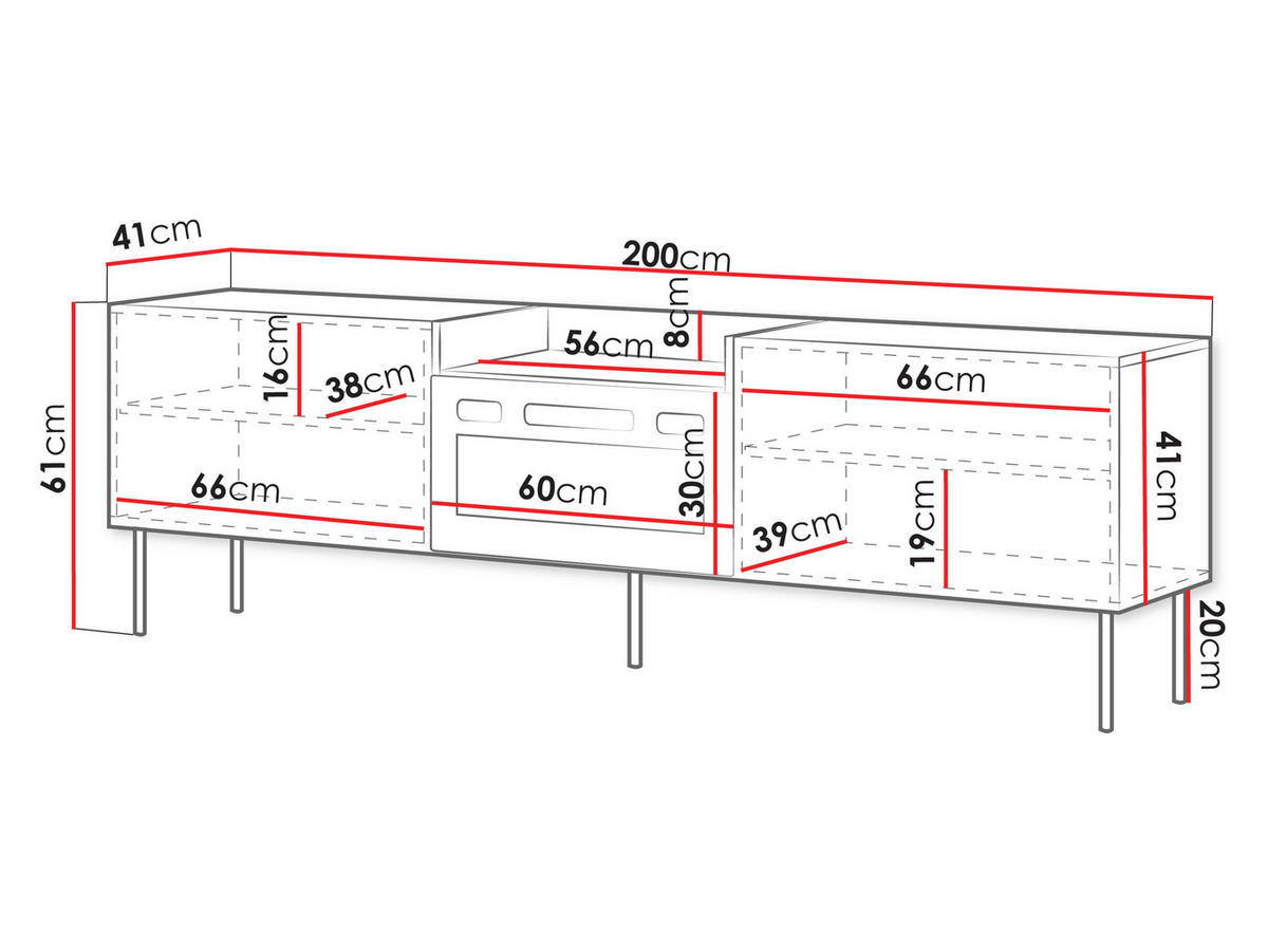 TV-LOWBOARD Kanton mit Kamin - Eiche Wotan/Schwarz, Holzwerkstoff/Metall (200/61/41cm) - MIRJAN24
