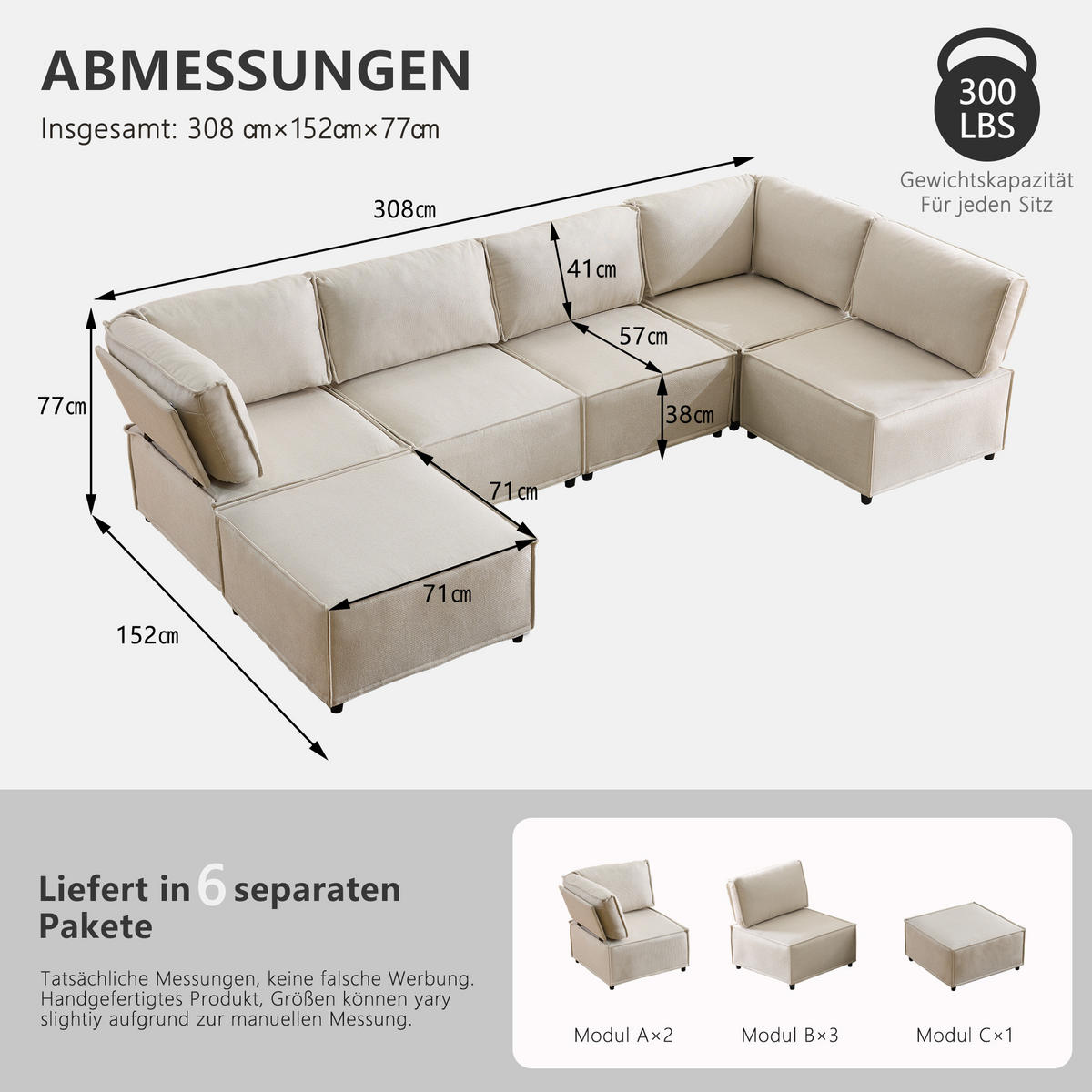 WOHNLANDSCHAFT Leinen Beige Frei kombinierbar - Beige, Holzwerkstoff/Textil (308/77/152cm) - WISHDOR