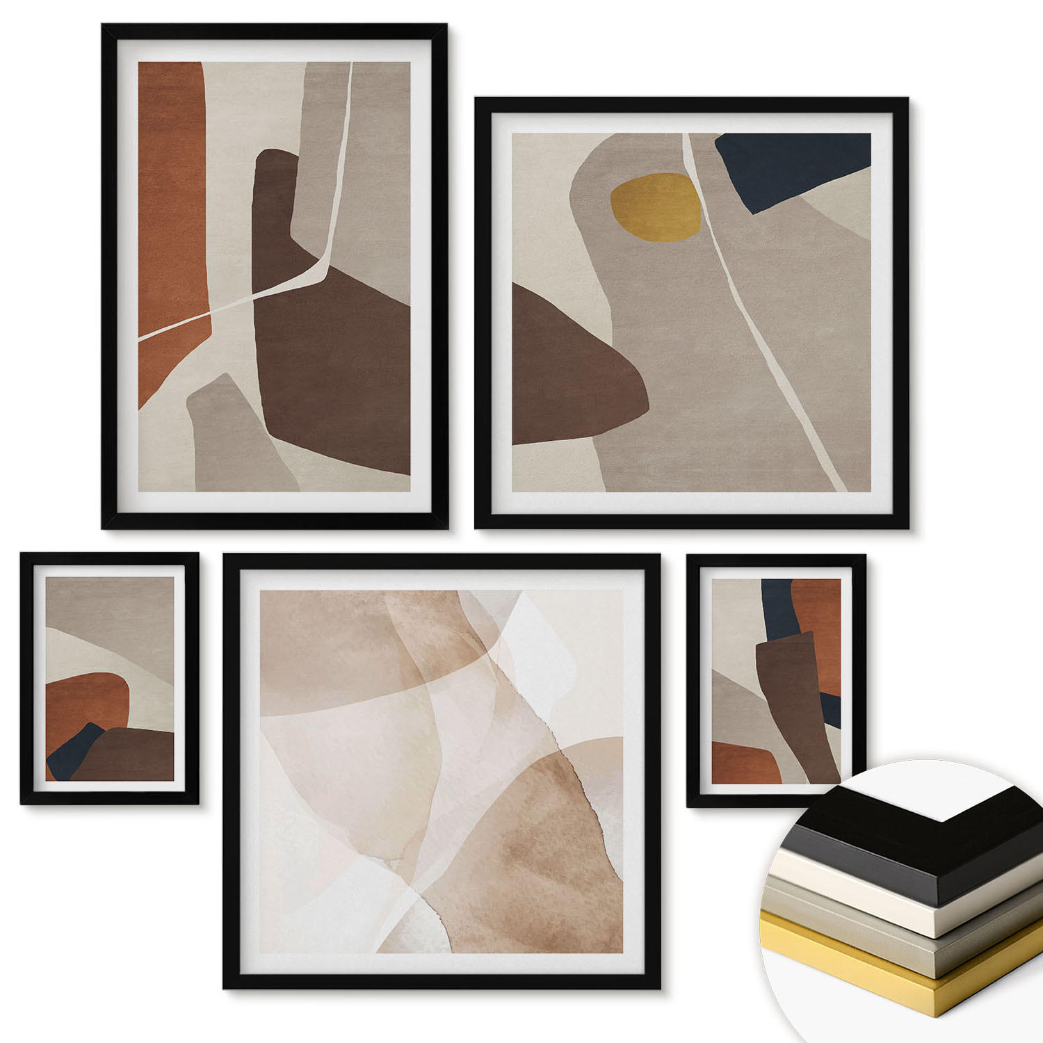 WANDBILDER 5er-Set - 50x50 cm & 20x30 cm & 40x60 cm Schwarzer Rahmen - Abstrakte moderne Formen - Schwarz, Kunststoff (40/60cm) - ArtPrintCave
