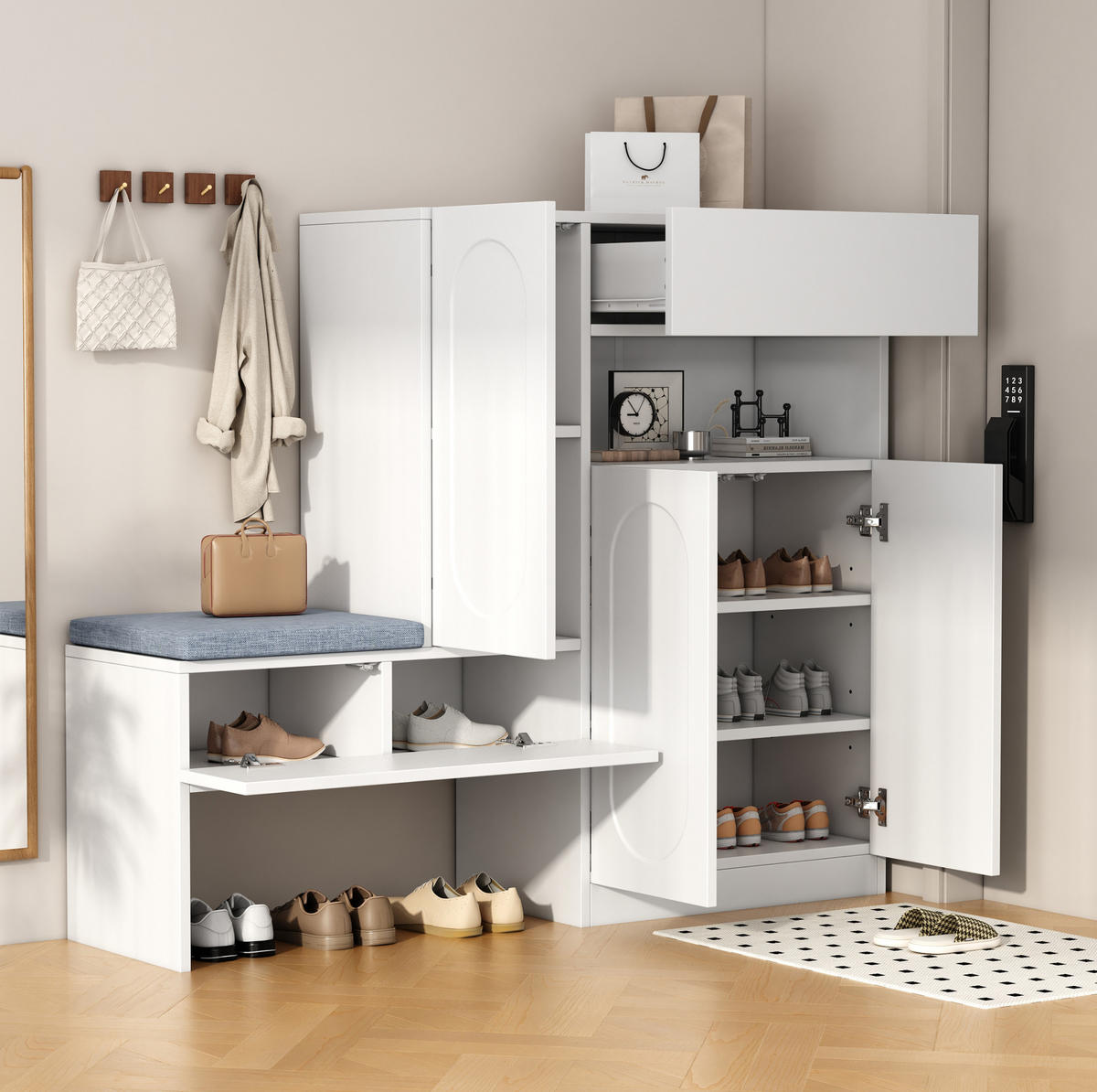 SCHUHSCHRANK 130/110/35 cm Weiß aus Spanplatte mit Sitzbank - Weiß, Holzwerkstoff (130/110/35cm) - OKMYHOME