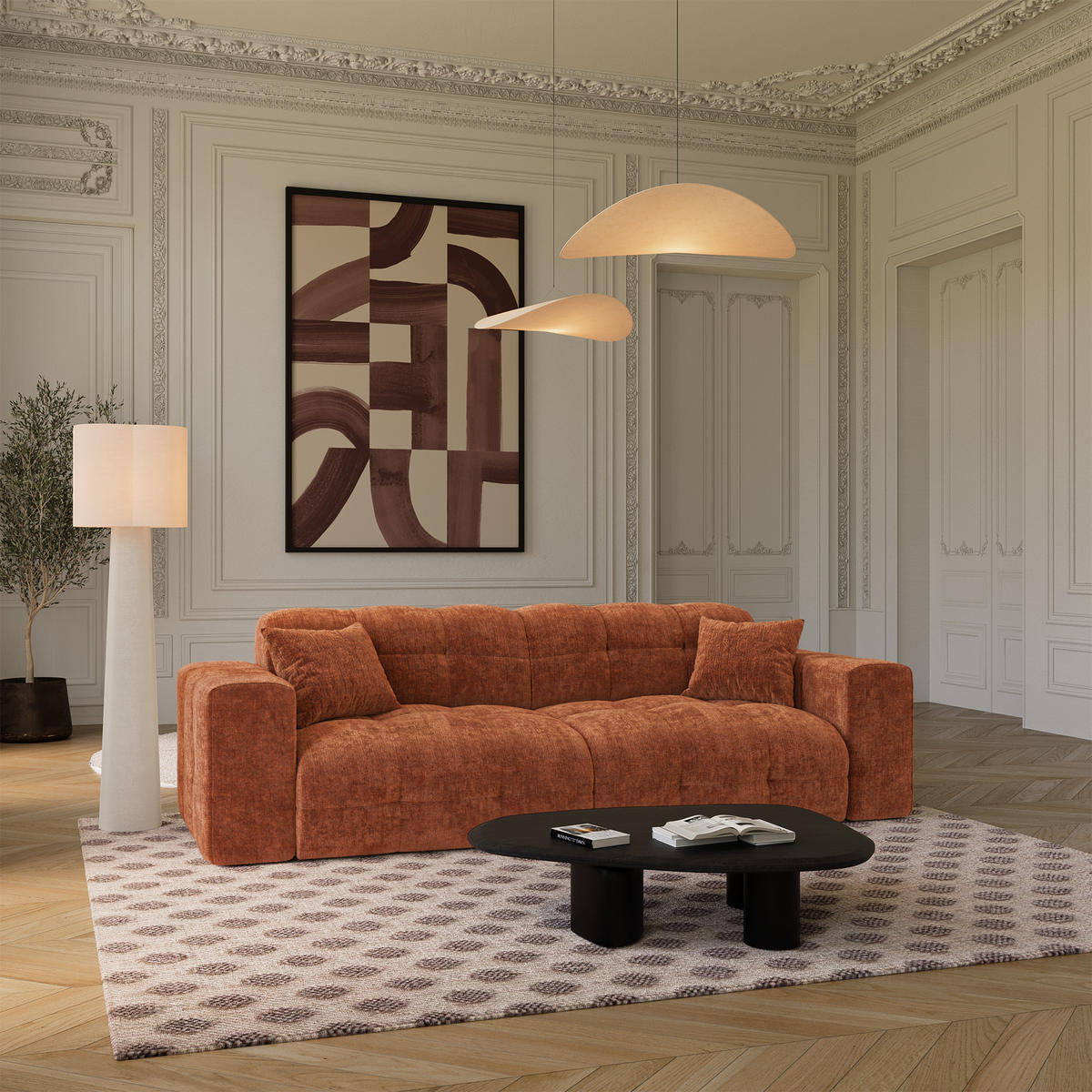 SOFA COCOON Geprägter Samt Terrakotta 230cm - Dunkelorange/Terracotta, Textil (230/85/92cm) - Premium Interiors