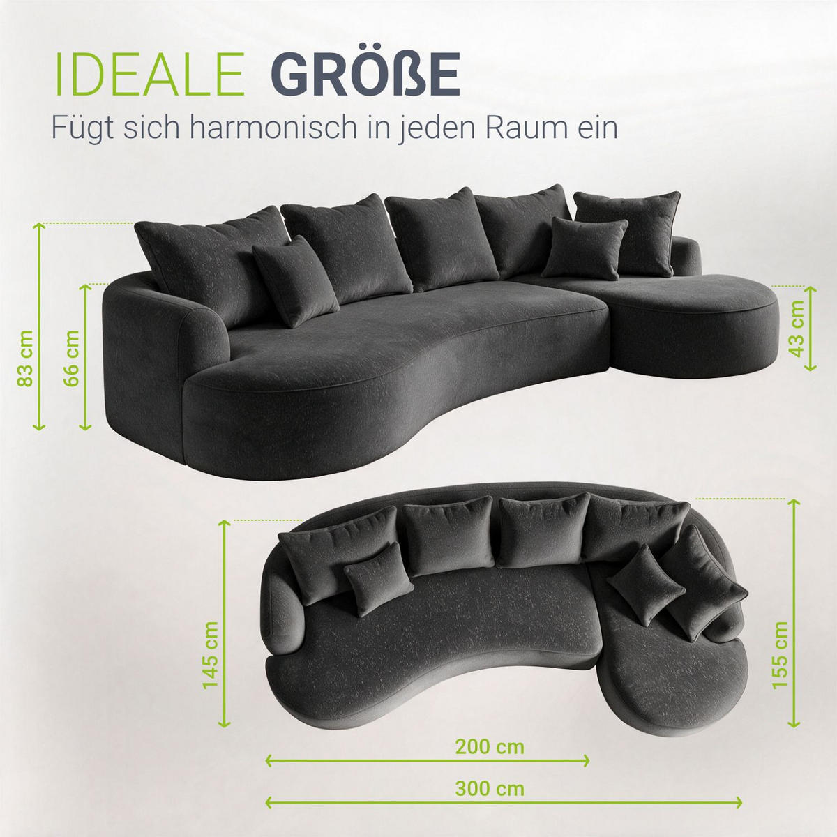 SOFA Tirano Samt Dunkelgrau mit Ottomane rechts - Dunkelgrau, Textil (300/102cm) - Juskys