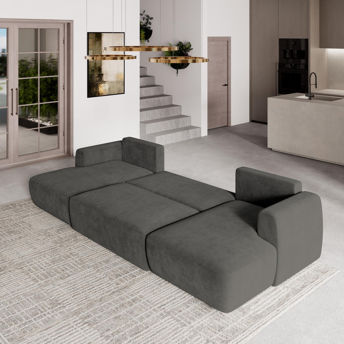 WOHNLANDSCHAFT SENTUM K Grau Plüsch-Stoff mit Schlaffunktion - Grau, Holz (330/90/148cm) - MASSENO