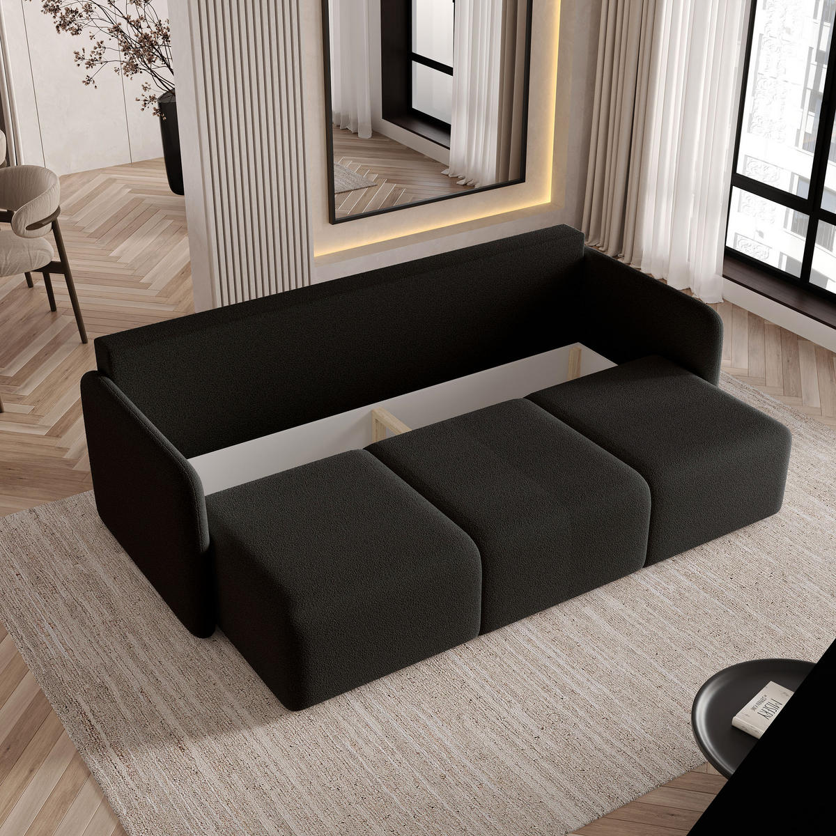 BETTSOFA SUVI III Q Schwarz Bucle-Stoff mit Schlaffunktion - Schwarz, Textil (220/85/90cm) - MASSENO