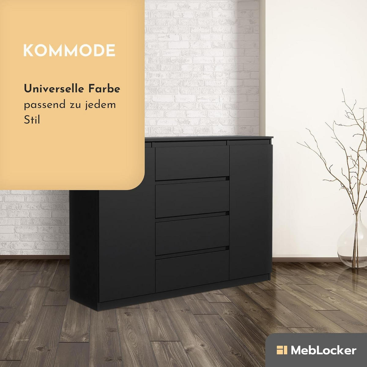 KOMMODE mit 4 Schubladen 2 Schranktüren 120 cm Schwarz - Schwarz, Holzwerkstoff (120.4/101.5/39cm) - MebLocker