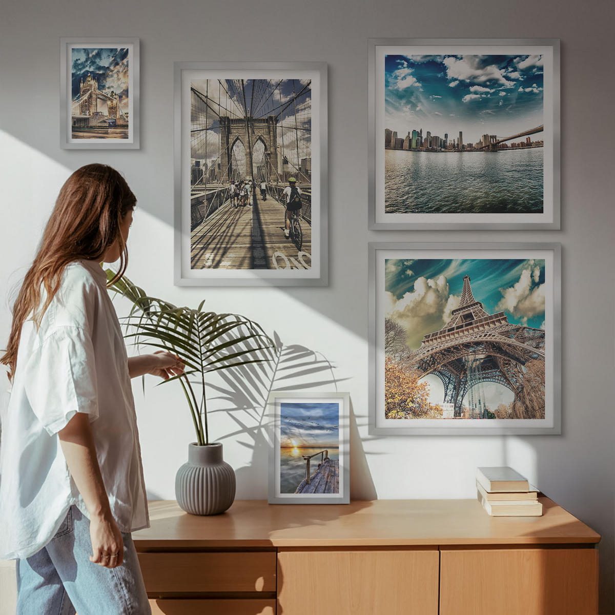 WANDBILDER 5er Set - 50x50 cm & 20x30 cm & 40x60 cm Silberner Rahmen - Abstrakte geometrische Formen - Silberfarben, Kunststoff (40/60cm) - ArtPrintCave