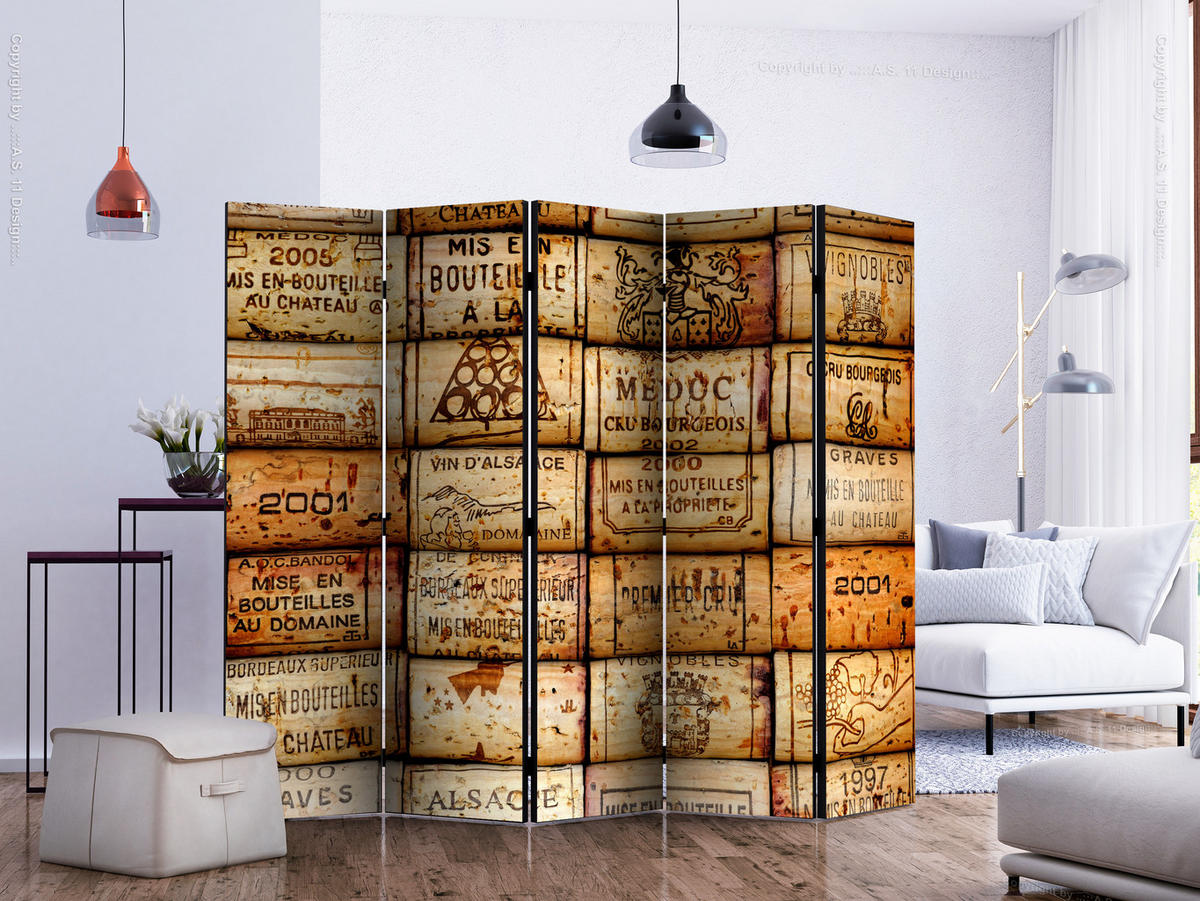 PARAVENT Akustik 5-tlg 225x172 cm Weinkorken Vintage-Stil - Multicolor, Holz/Textil (225/172/3cm) - Muralo