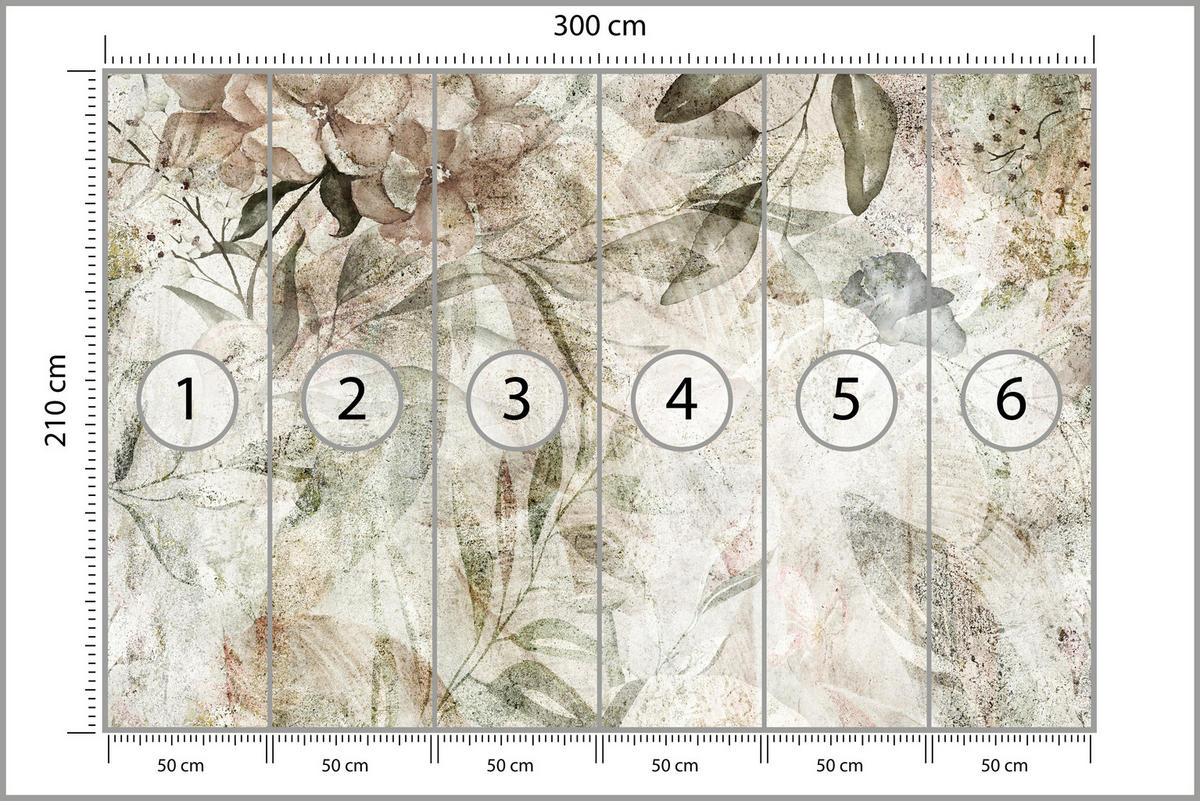 FOTOTAPETE für Schlafzimmer Retro Blumen Blätter Beton Abstrakt Vintage 300x210 - Beige/Braun, Papier (300/210cm) - Muralo