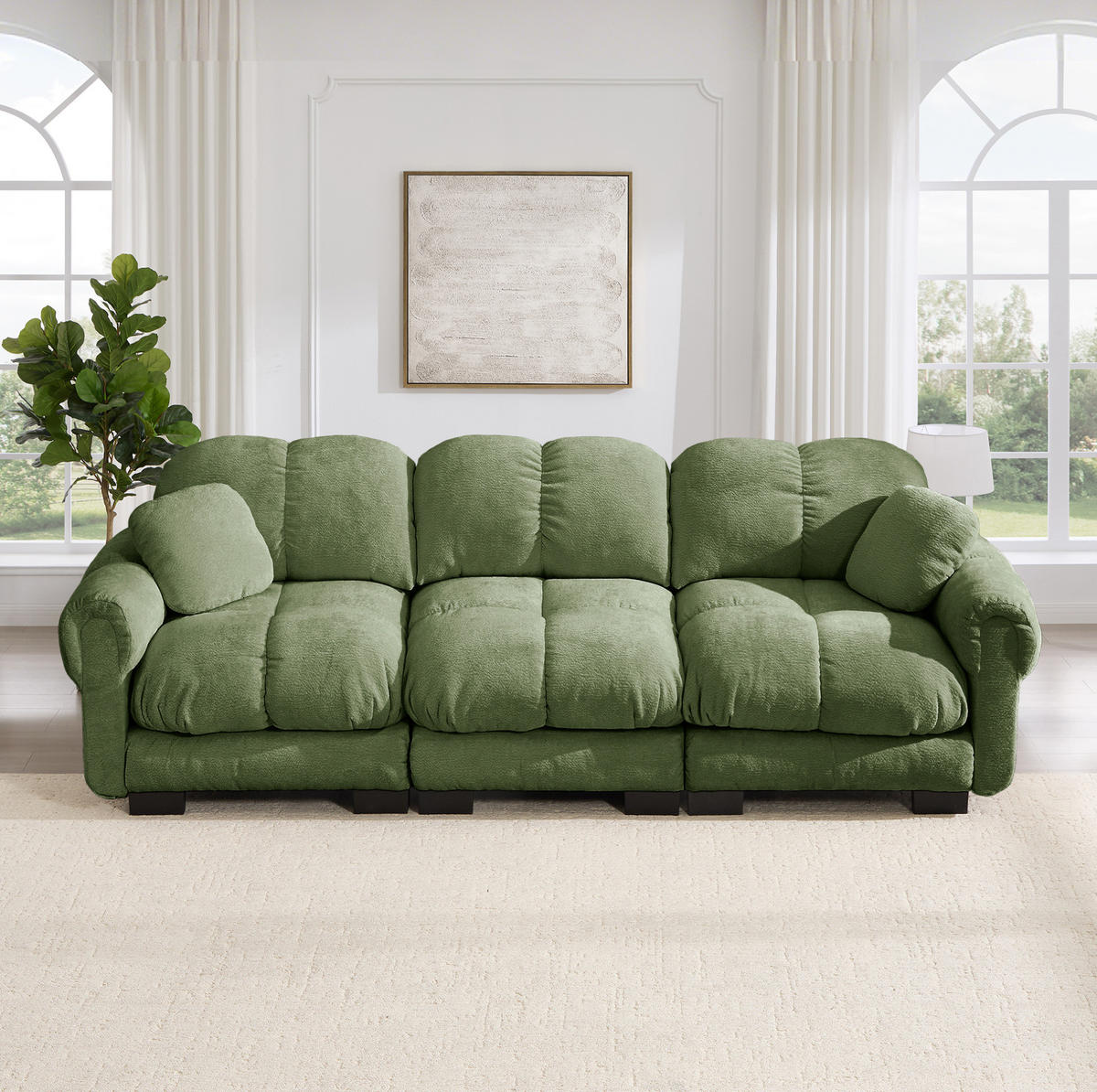 SOFA 260/86/90 cm in Grün aus Chenille mit Steppnähten und modularer Bauweise - Grün, Textil (86/90/260cm) - Flora Grace
