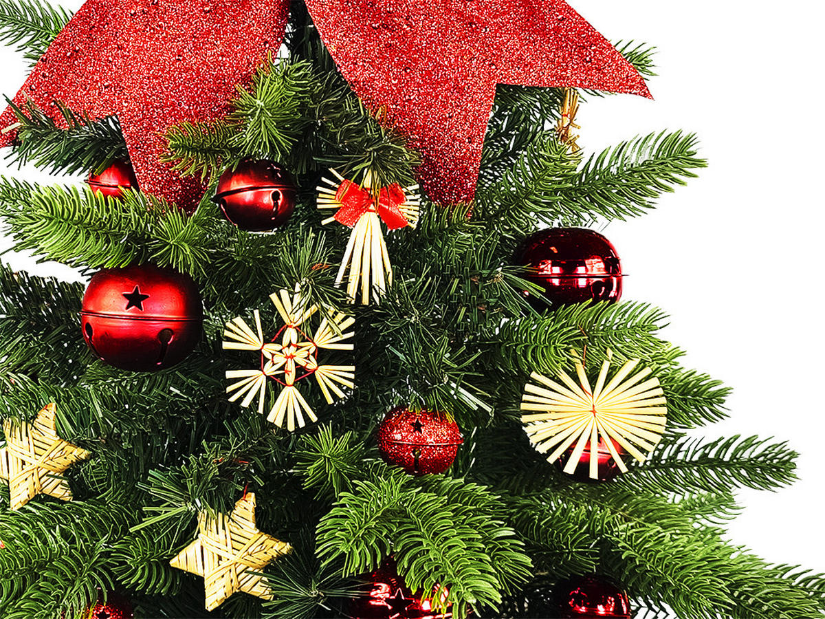 WEIHNACHTSBAUM künstlicher 60 cm mit LED-Beleuchtung, STROHORNAMENT, mit 31 Weihnachtsbaumschmuck, Pflanztopf mit Jutesack - Rot/Braun, Kunststoff/Stein (40/60cm) - LAALU