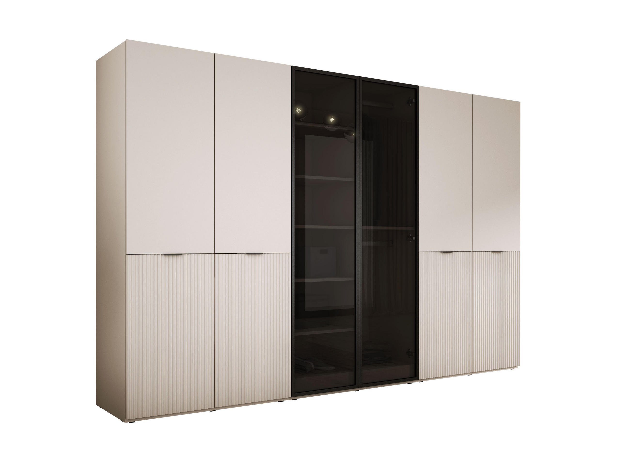 KLEIDERSCHRANK, Sandbeige / Antisol Glas / Sandbeige, 300 x 200 x 51 cm - Sandfarben/Schwarz, Holzwerkstoff (300/200/51cm) - 3XE LIVING