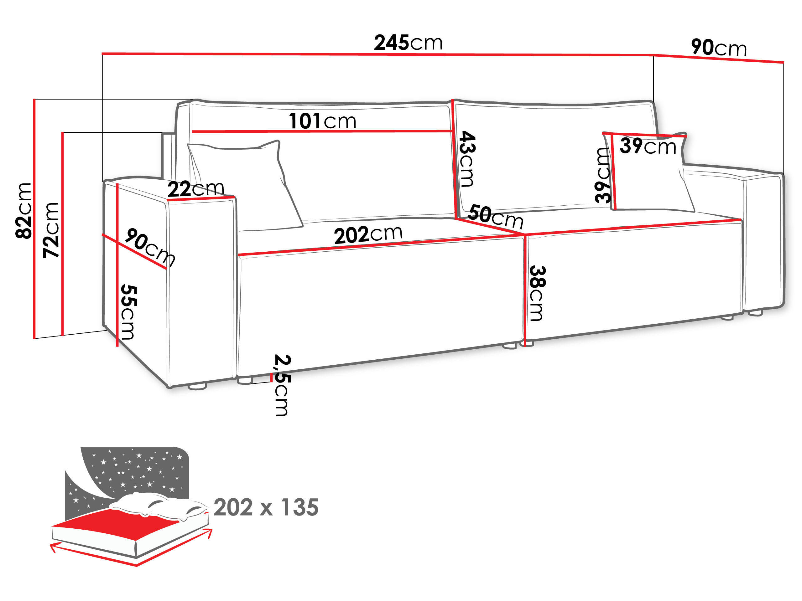 Thumbnail - Mirjan24 Schlafsofa, Rosa, Textil, 4-Sitzer, Rechteckig, 245x82x90 cm, Wohnzimmer, Sofas & Couches, Schlafsofas