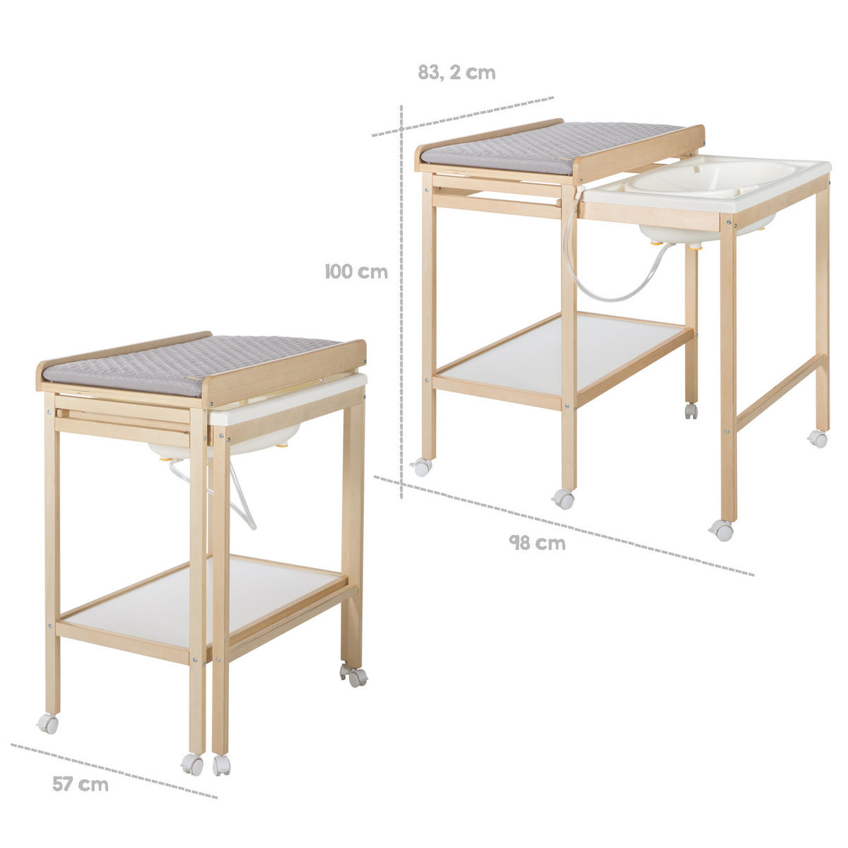 WICKELTISCH mit Badewanne - Naturfarben, Holzwerkstoff (56/100/83cm) - Roba