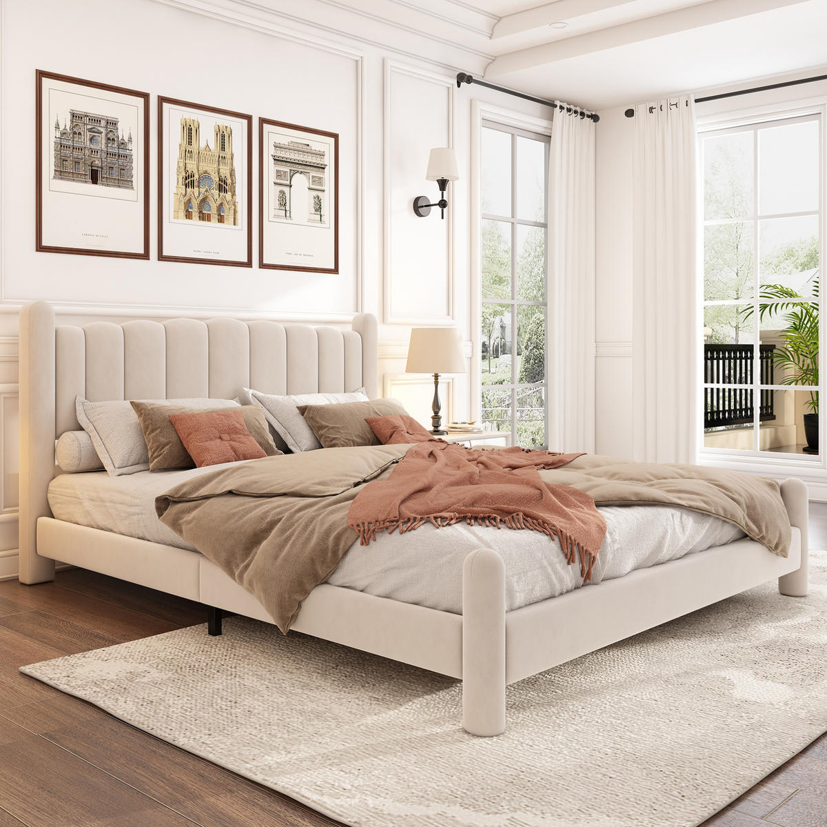 POLSTERBETT 180/200 cm in Beige aus Samt mit Lattenrost und Wellenkopfteil - Beige, Textil (180/200cm) - Flora Grace