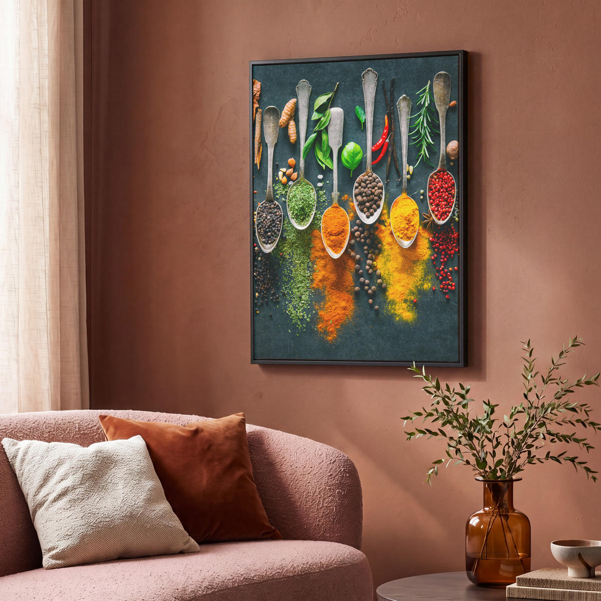 LEINWAND Bilder mit Rahmen - Kräuter - Gewürze - Löffel - 70x100 - Currygelb, Textil (70/100cm) - MuchoWow