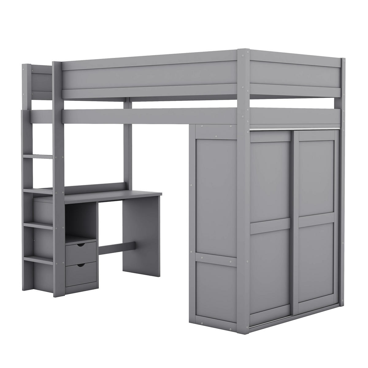 HOCHBETT 90/200 cm grau mit Schreibtisch und Kleiderschrank - Grau, Holz (90/200cm) - OKWISH
