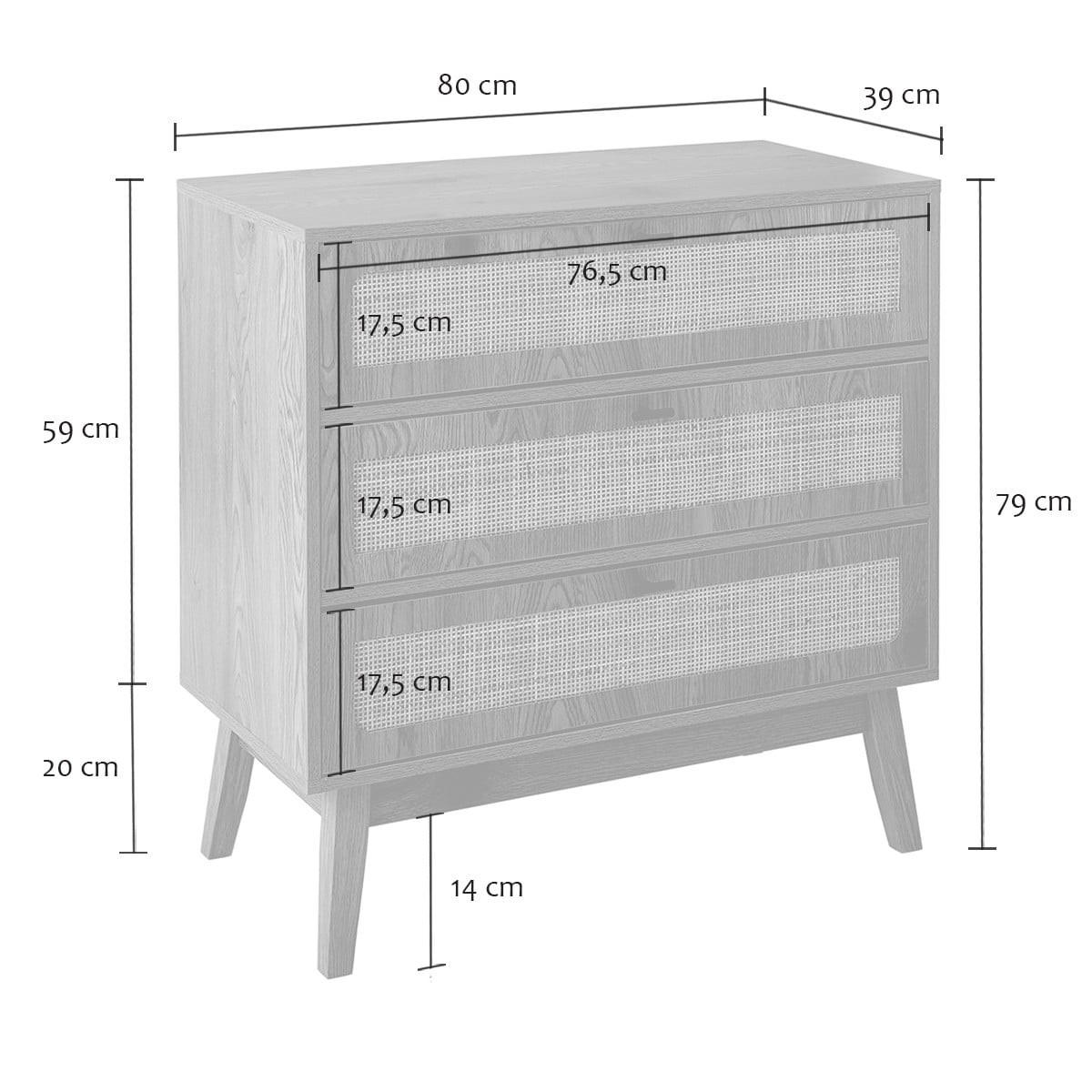 KOMMODE mit 3 Schubladen, Rattanfronten und Holzfüßen 80/39/79 cm - Eschefarben, Holzwerkstoff (80/79/45cm) - Calicosy